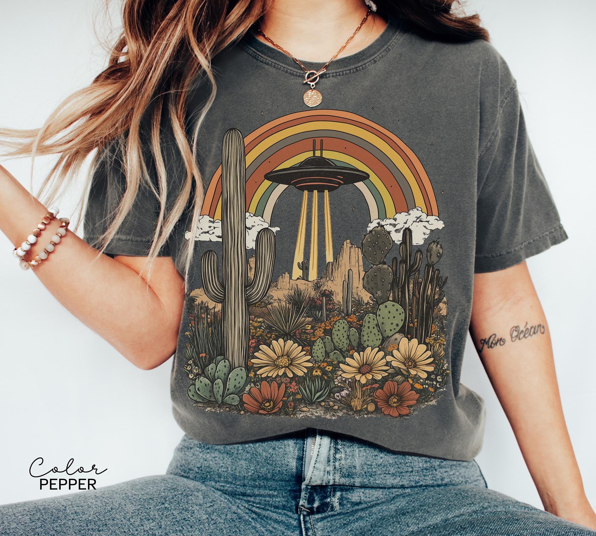 UFO Retro Desert Shirt, Western Comfort Colors T-Shirt, Vintage Rodeo Graphic Tee, New Mexico, Arizona Desert, Cactus, Rainbow Tee