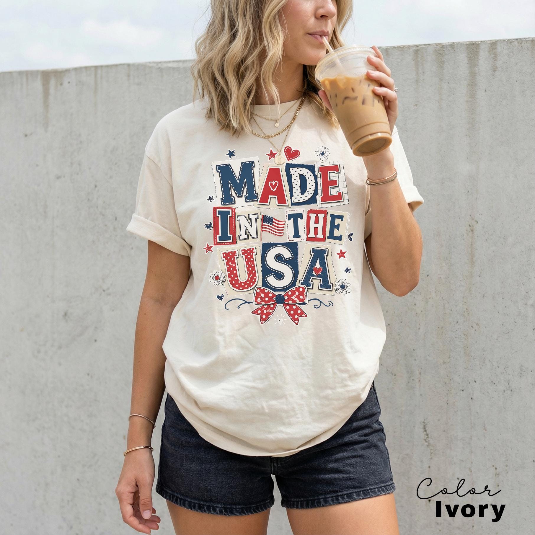Made in the USA 4th of July Shirt, Patriotic T-shirt, Independence Day, 250th Anniversary, Coquette Collage Tee