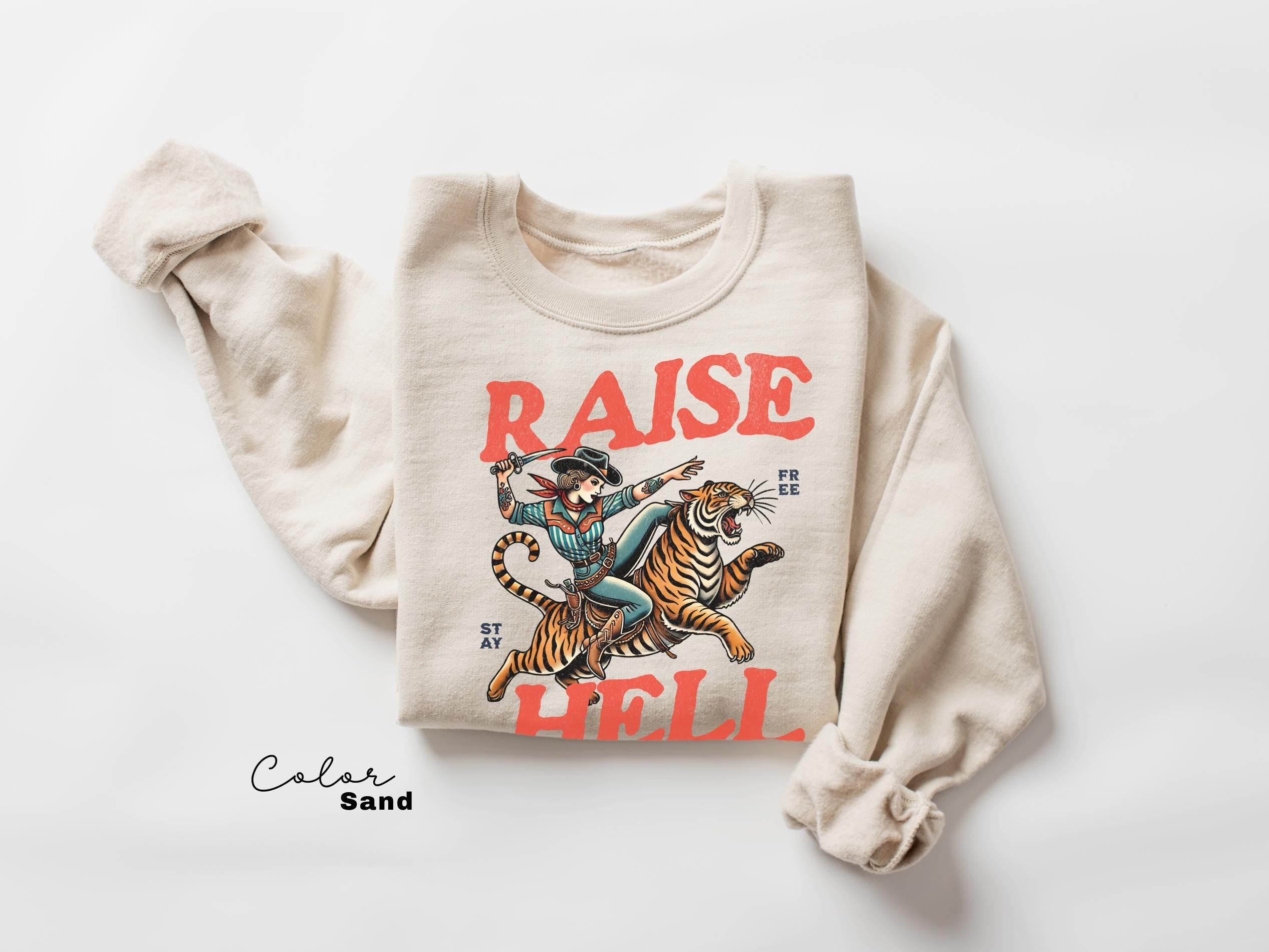 Retro Cowgirl Tiger Shirt, Raise Hell T-Shirt, Western Sweatshirt, Feminist Sweatshirt, Freedom Tee