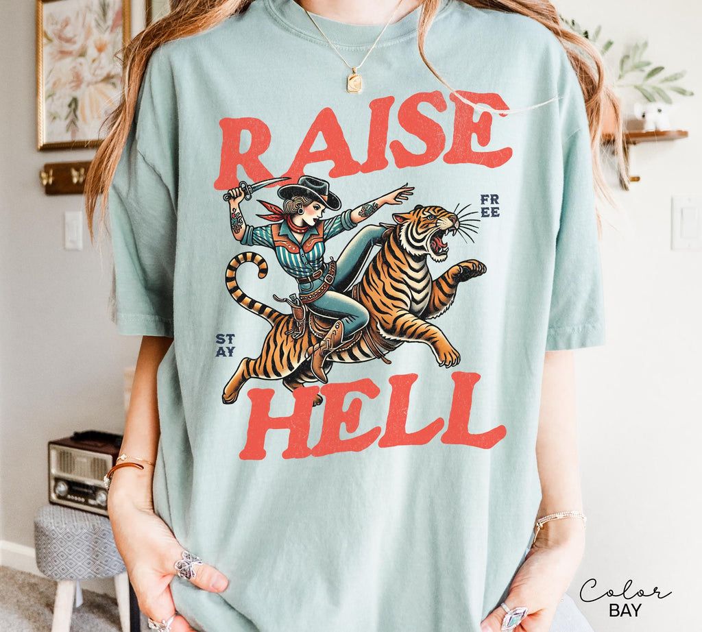Retro Cowgirl Tiger Shirt, Raise Hell T-Shirt, Western Sweatshirt, Feminist Sweatshirt, Freedom Tee