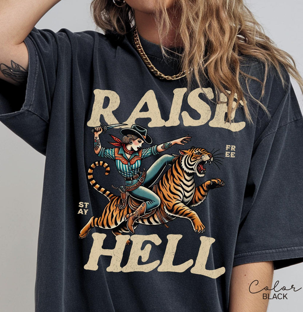 Retro Cowgirl Tiger Shirt, Raise Hell T-Shirt, Western Sweatshirt, Feminist Sweatshirt, Freedom Tee