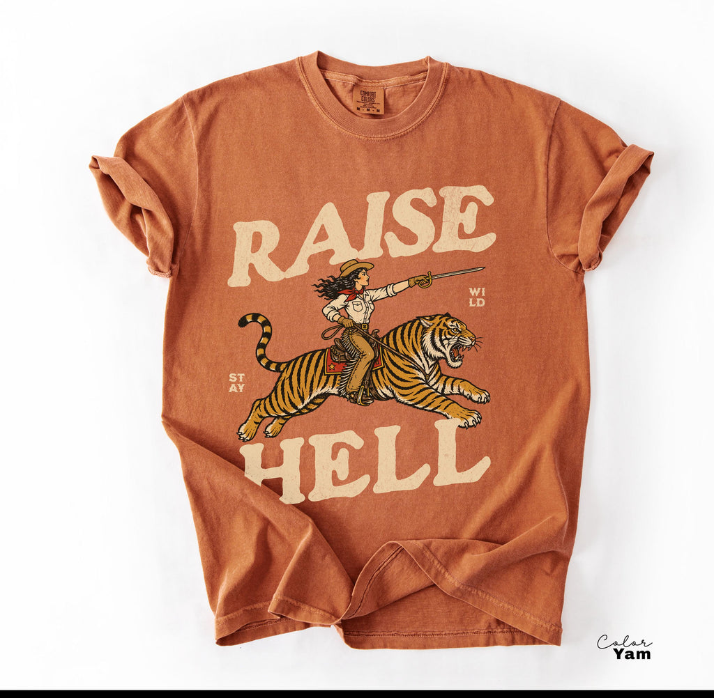 Retro Cowgirl Tiger Shirt, Raise Hell T-Shirt, Western Sweatshirt, Feminist Sweatshirt, Freedom Tee