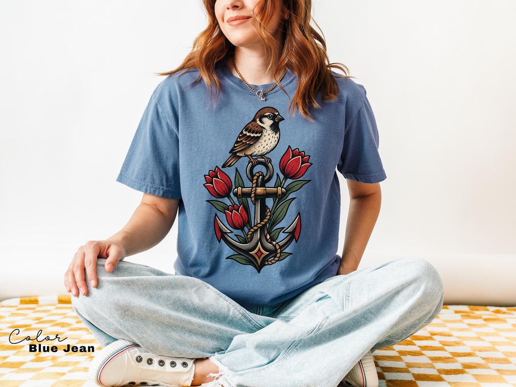 Sparrow Anchor Shirt, Nautical Floral Shirt, Retro 90s Aesthetic, Vintage Sparrow Tee, Coastal Wildflower Bird Sweatshirt