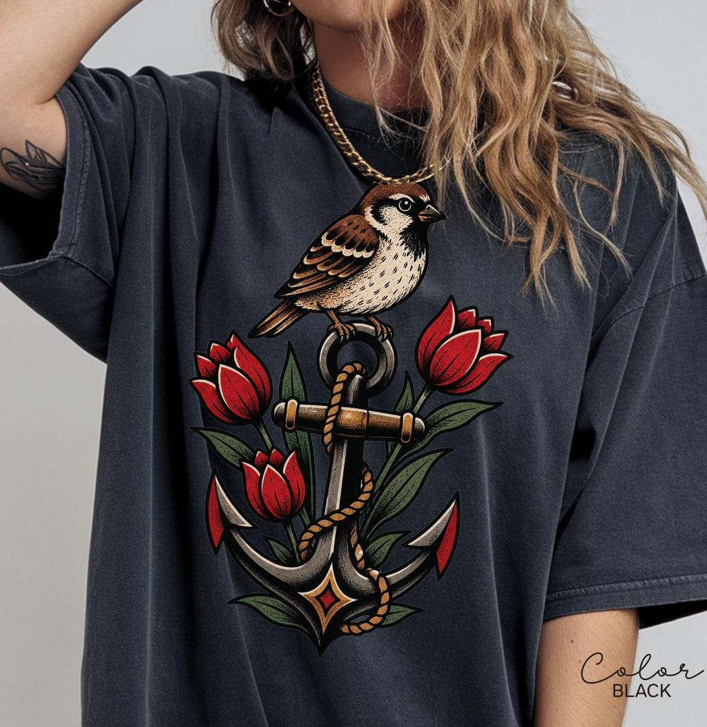 Sparrow Anchor Nautical Floral T-Shirt, Retro 90s Vintage Tee
