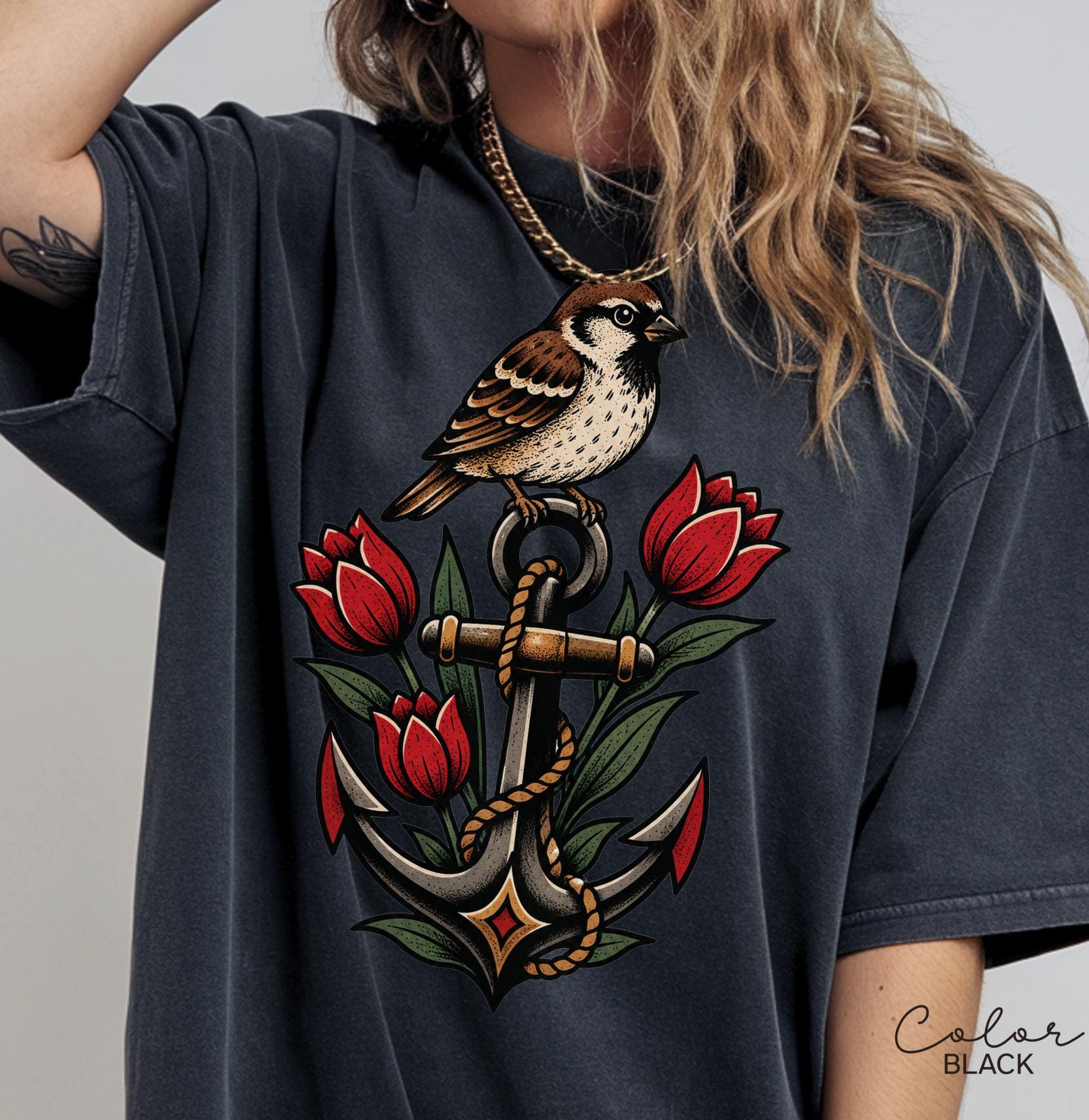 Sparrow Anchor Nautical Floral T-Shirt, Retro 90s Vintage Tee