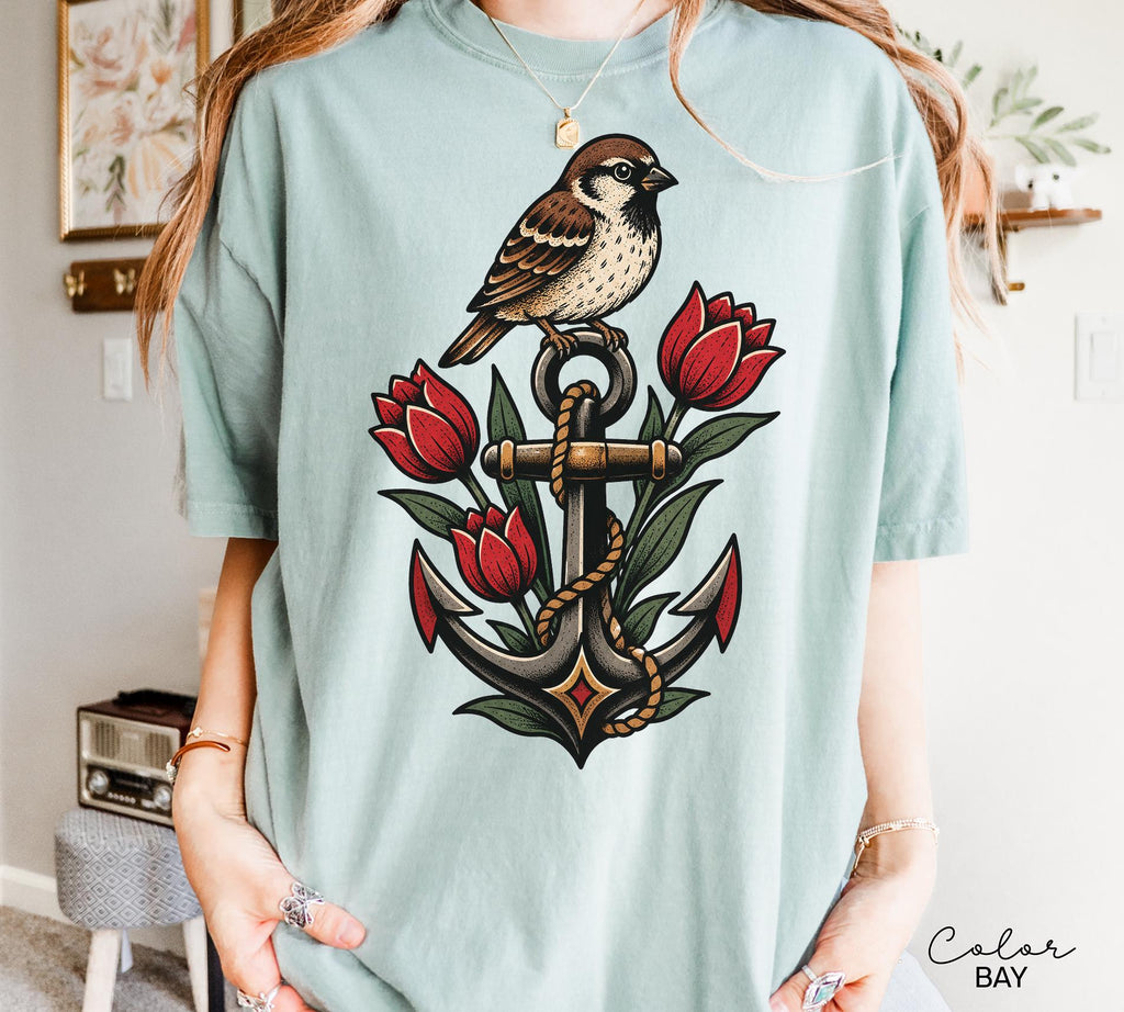 Sparrow Anchor Shirt, Nautical Floral Shirt, Retro 90s Aesthetic, Vintage Sparrow Tee, Coastal Wildflower Bird Sweatshirt