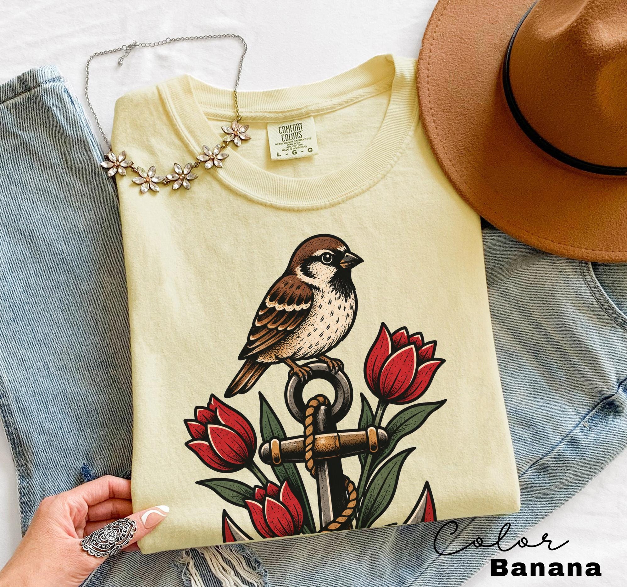 Sparrow Anchor Shirt, Nautical Floral Shirt, Retro 90s Aesthetic, Vintage Sparrow Tee, Coastal Wildflower Bird Sweatshirt