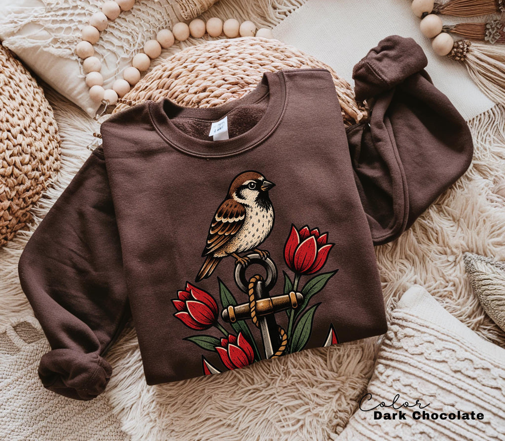 Sparrow Anchor Nautical Floral T-Shirt, Retro 90s Vintage Tee