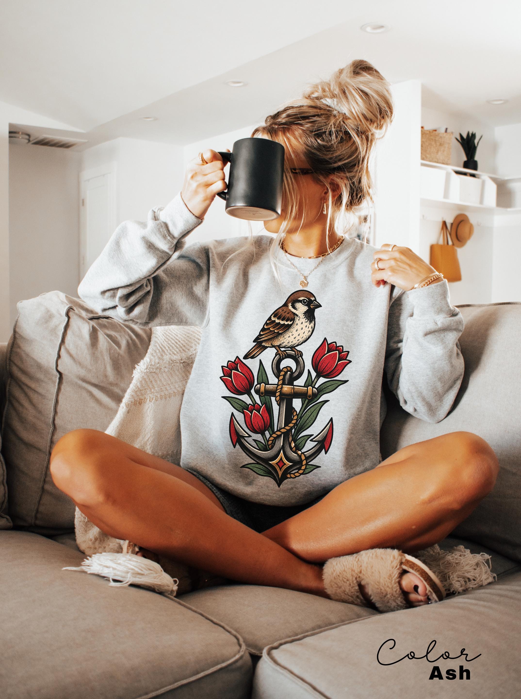 Sparrow Anchor Shirt, Nautical Floral Shirt, Retro 90s Aesthetic, Vintage Sparrow Tee, Coastal Wildflower Bird Sweatshirt