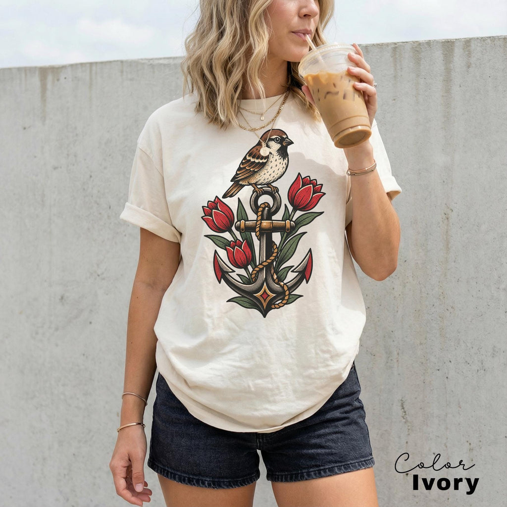 Sparrow Anchor Shirt, Nautical Floral Shirt, Retro 90s Aesthetic, Vintage Sparrow Tee, Coastal Wildflower Bird Sweatshirt