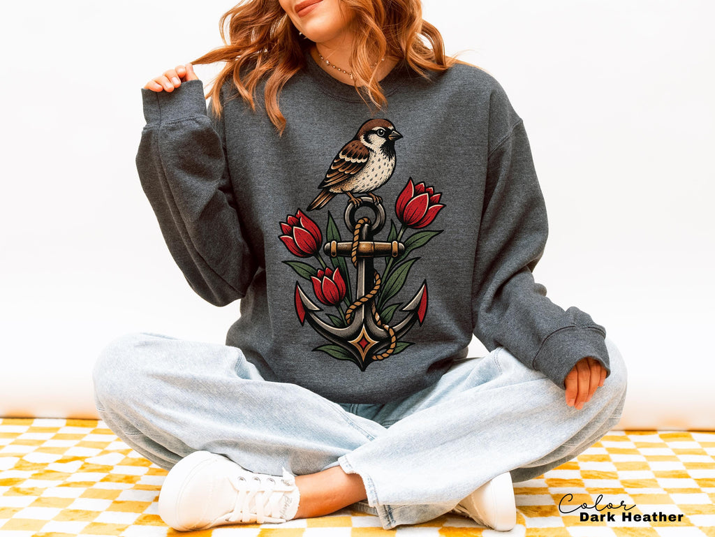 Sparrow Anchor Nautical Floral T-Shirt, Retro 90s Vintage Tee