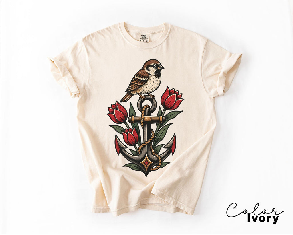 Sparrow Anchor Shirt, Nautical Floral Shirt, Retro 90s Aesthetic, Vintage Sparrow Tee, Coastal Wildflower Bird Sweatshirt