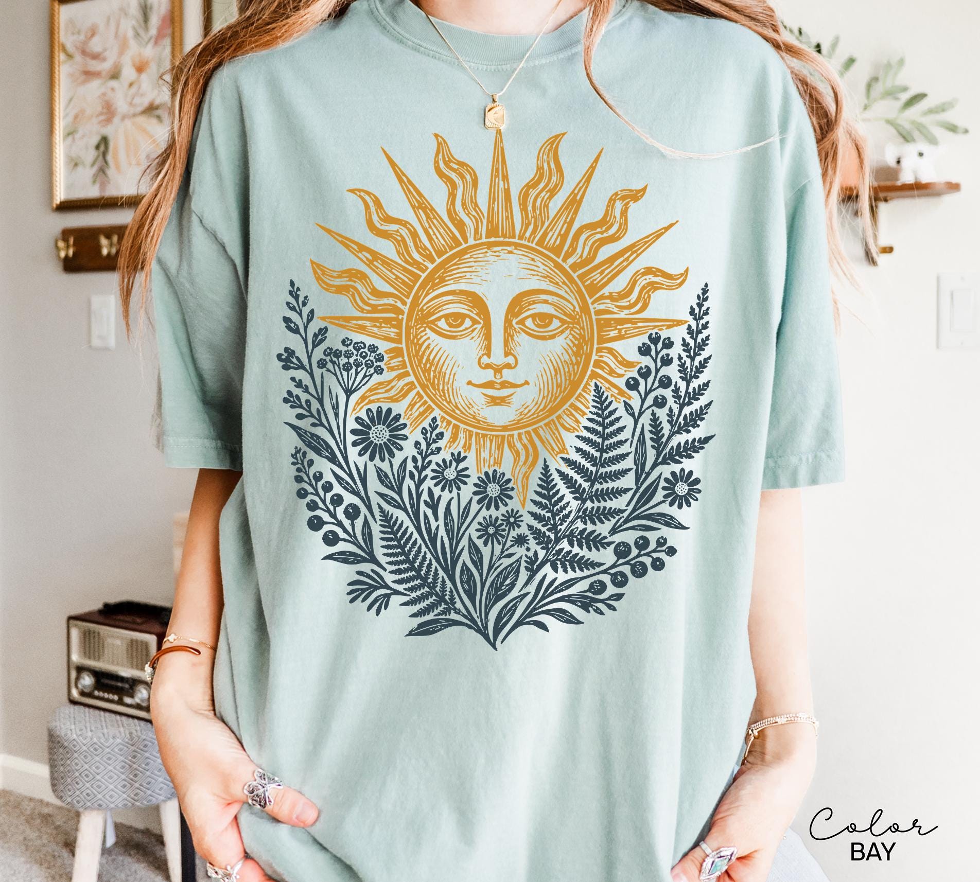 Sun Shirt, Comfort Colors Celestial Sun Tee, Cottagecore Botanical Shirt, Boho Sun Face Sweatshirt, Vintage Mystical Nature Shirt