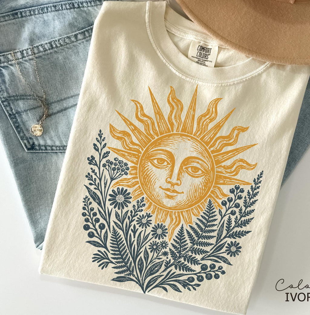 Sun Shirt, Comfort Colors Celestial Sun Tee, Cottagecore Botanical Shirt, Boho Sun Face Sweatshirt, Vintage Mystical Nature Shirt