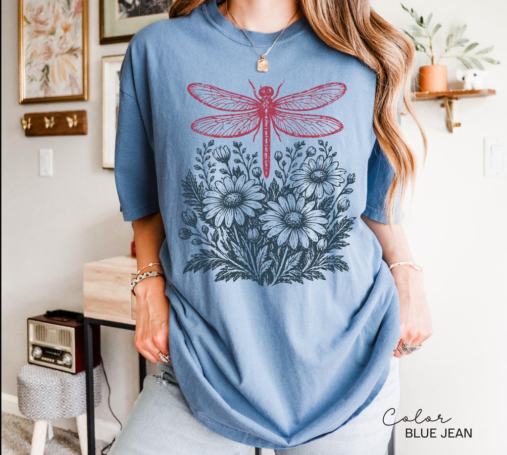 Dragonfly Shirt, Comfort Colors Wildflower Dragonfly Tee, Cottagecore Botanical Shirt, Nature Lover Gift, Vintage Floral Graphic