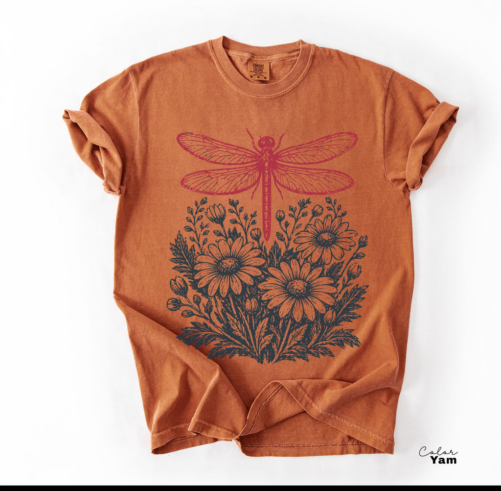 Dragonfly Shirt, Comfort Colors Wildflower Tee with Vintage Floral Graphic