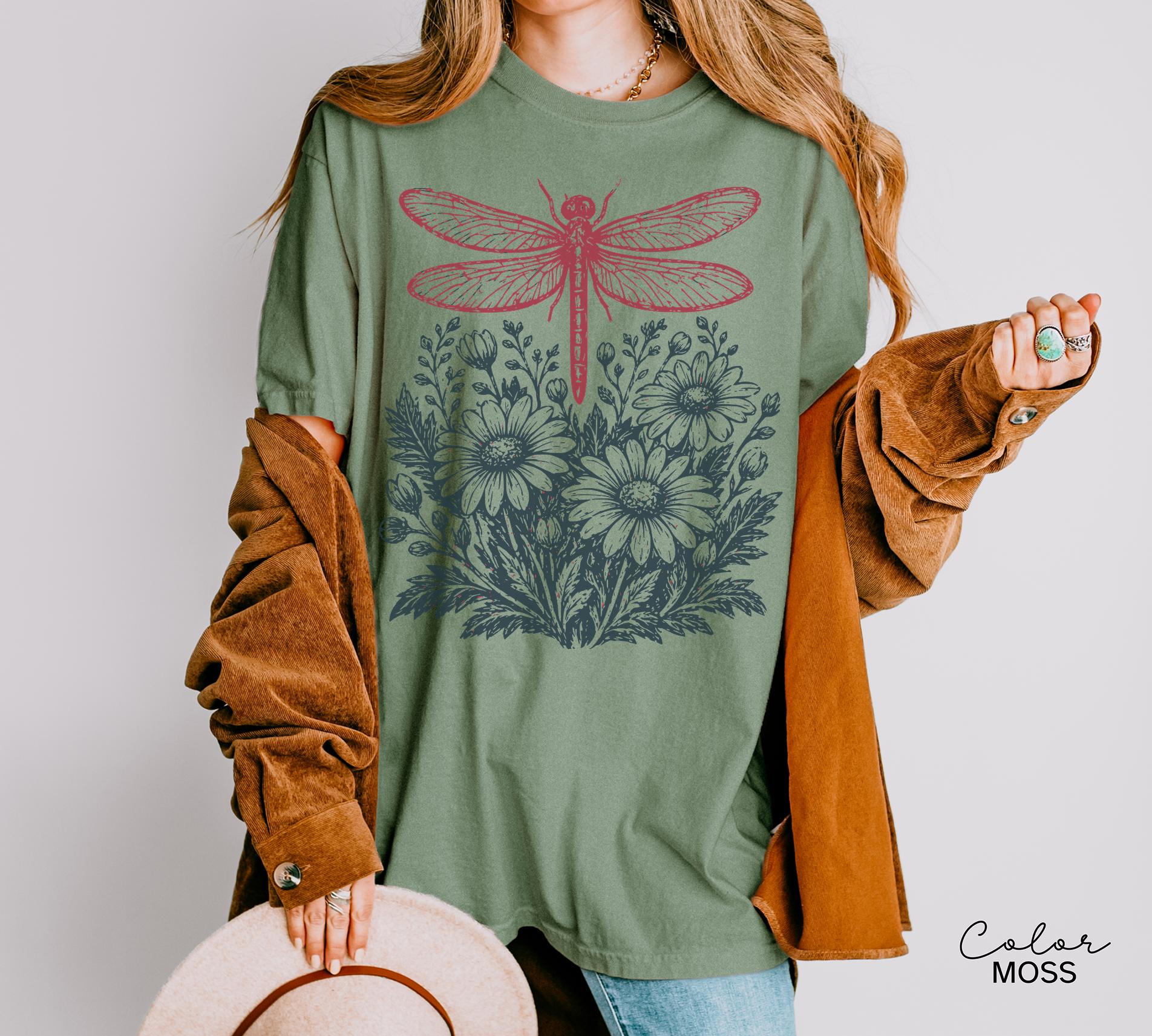 Dragonfly Shirt, Comfort Colors Wildflower Tee with Vintage Floral Graphic