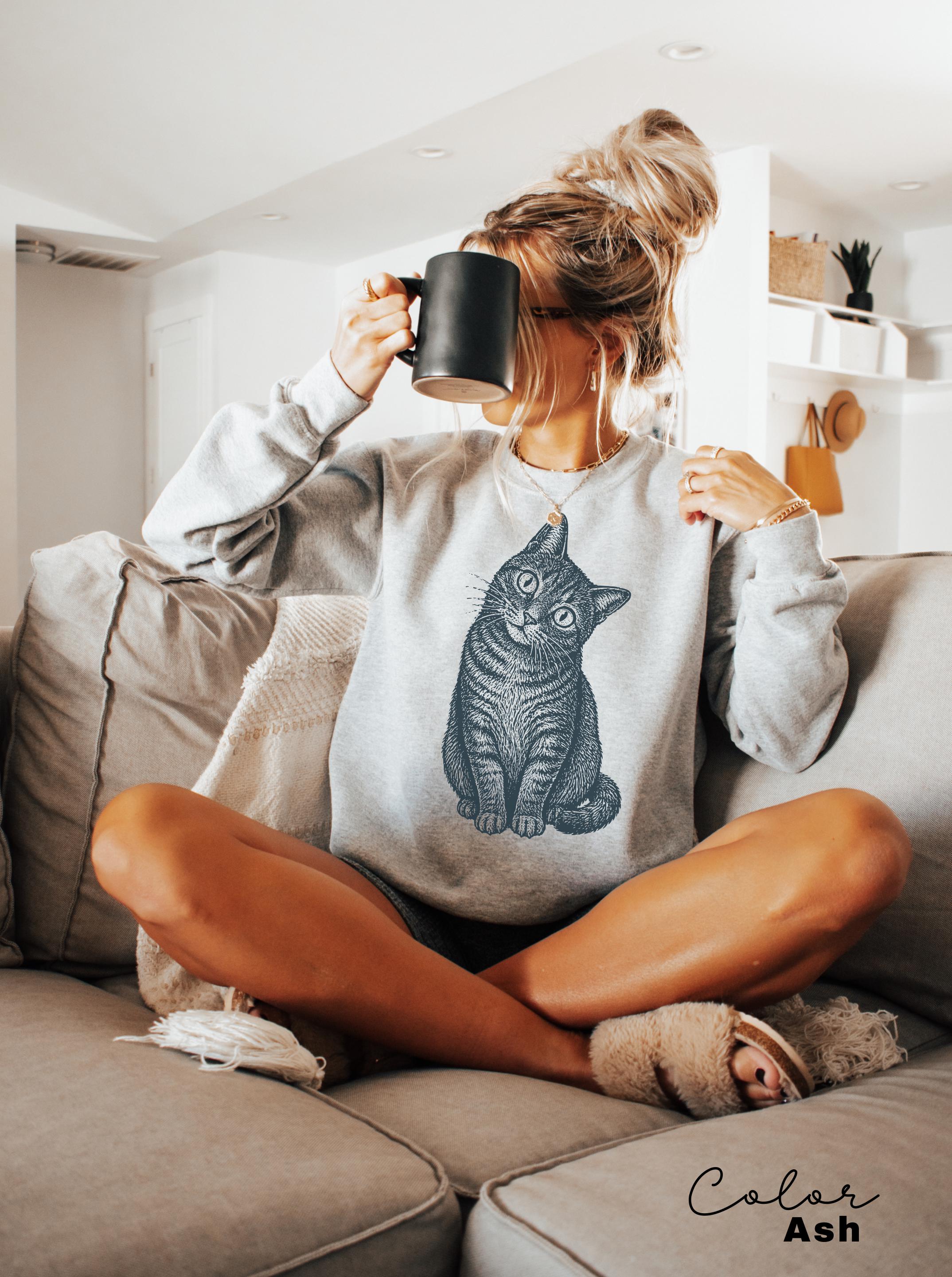 Cat Shirt, Comfort Colors Vintage Linocut Cat Tee, Retro Tabby Cat Shirt, Woodcut Style, Cottagecore Cat Sweatshirt