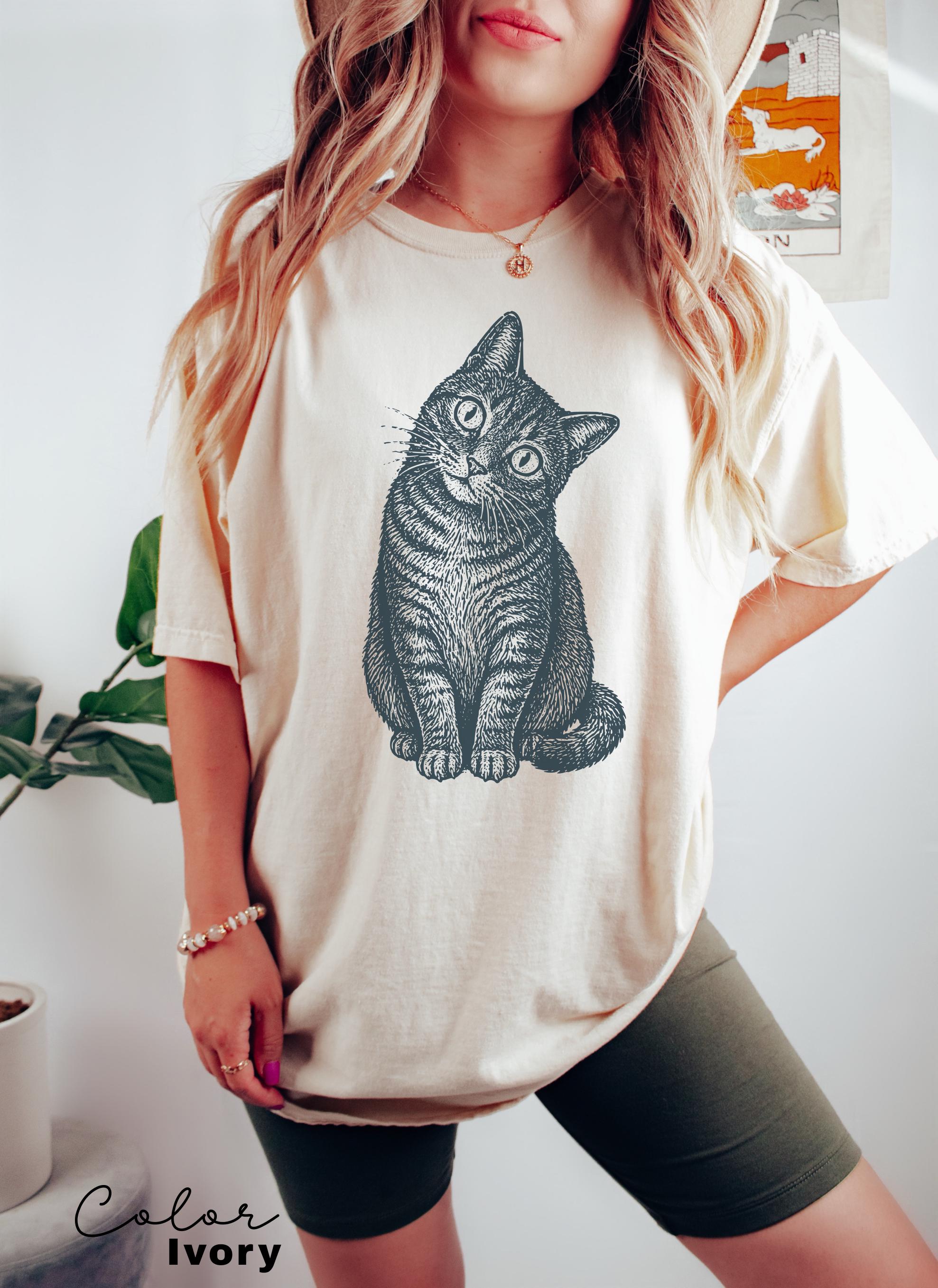 Cat Shirt, Comfort Colors Vintage Linocut Cat Tee, Retro Tabby Cat Shirt, Woodcut Style, Cottagecore Cat Sweatshirt