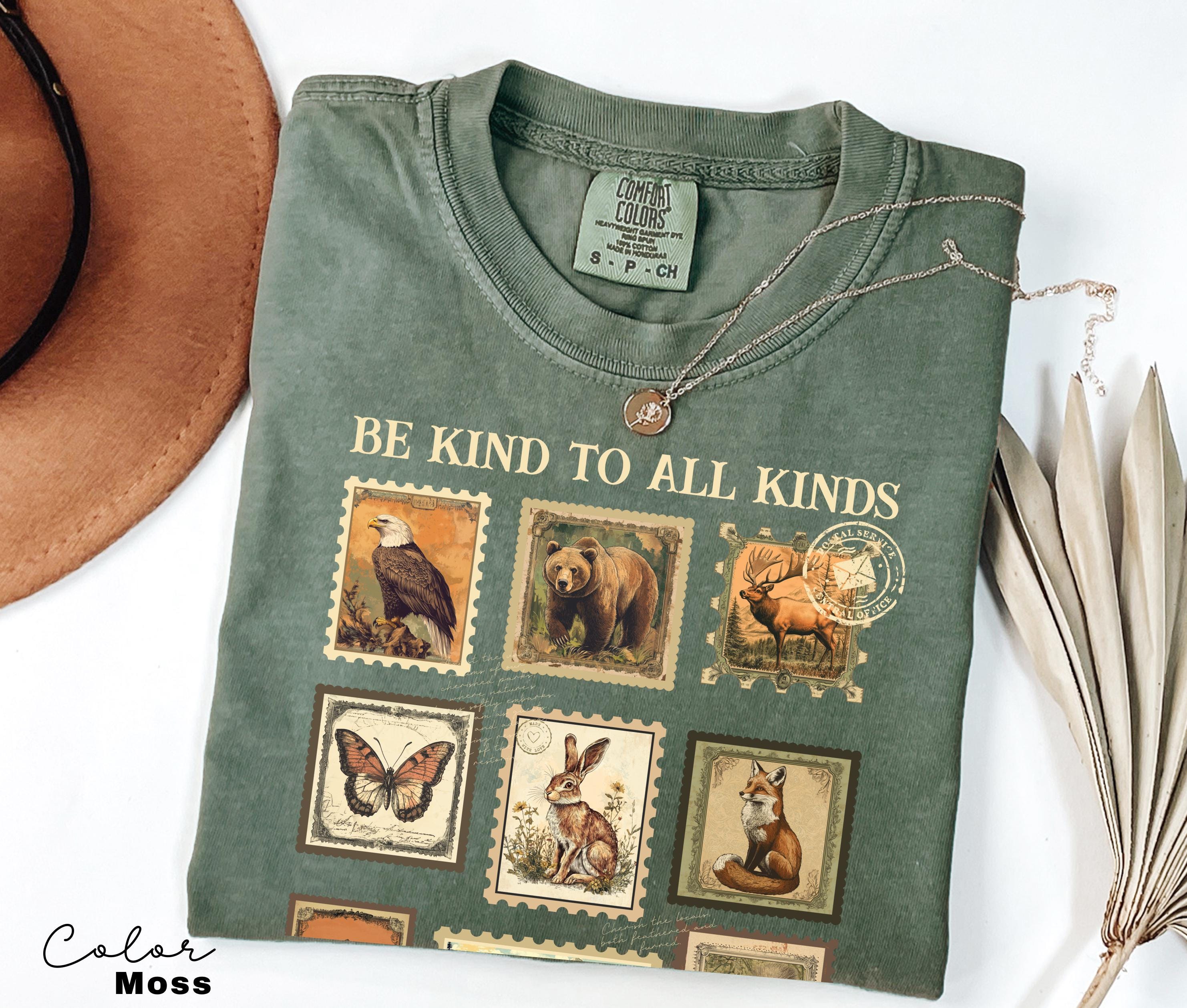 Be Kind To All Kinds Shirt, Comfort Colors Wildlife Tee, Nature Lover Shirt, Granola Girl Sweatshirt, Vintage Postage Stamp Shirt