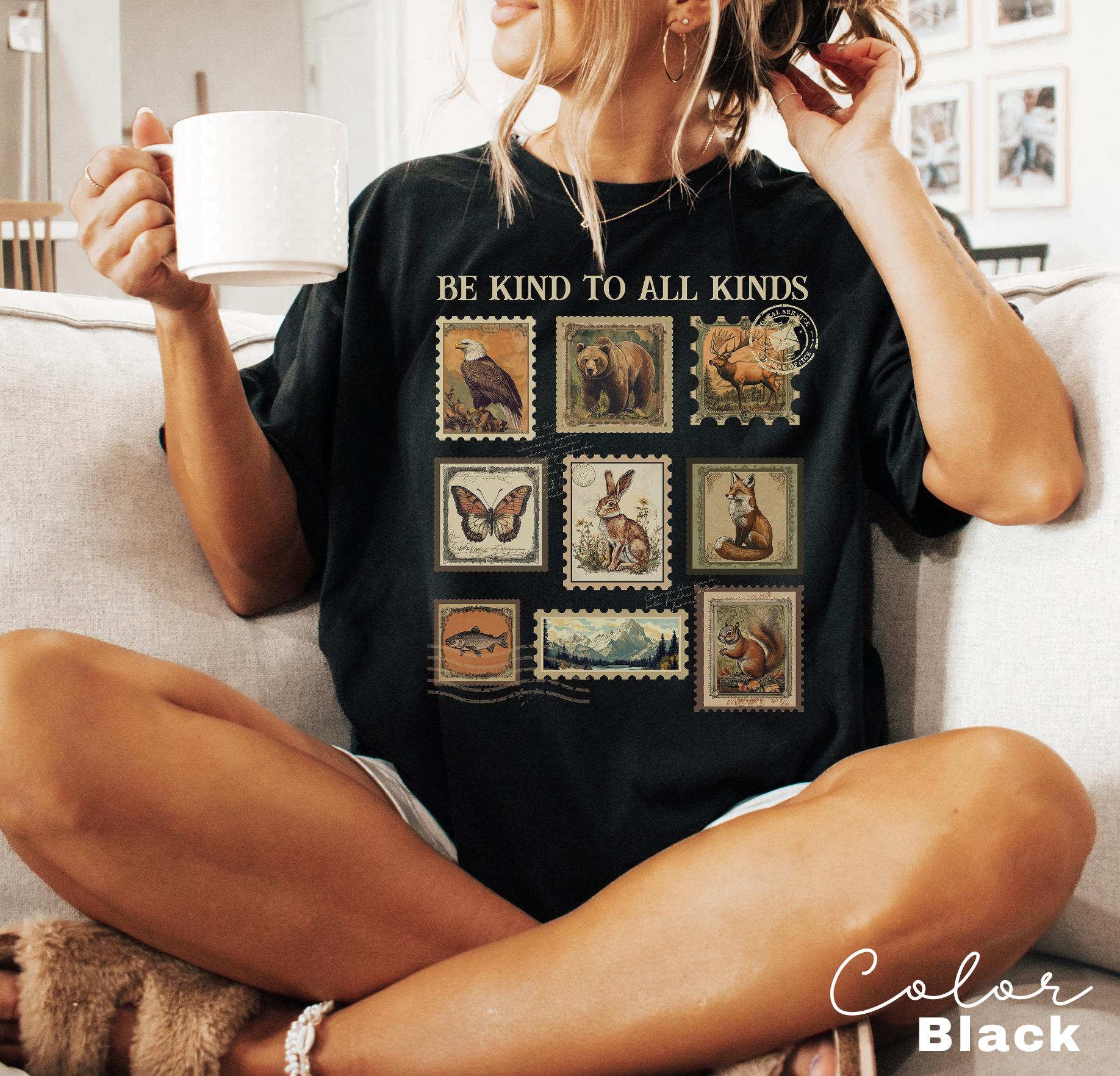 Be Kind To All Kinds Shirt, Wildlife Sweatshirt, Nature Lover Shirt, Granola Girl Sweatshirt, Vintage Postage Stamp Shirt