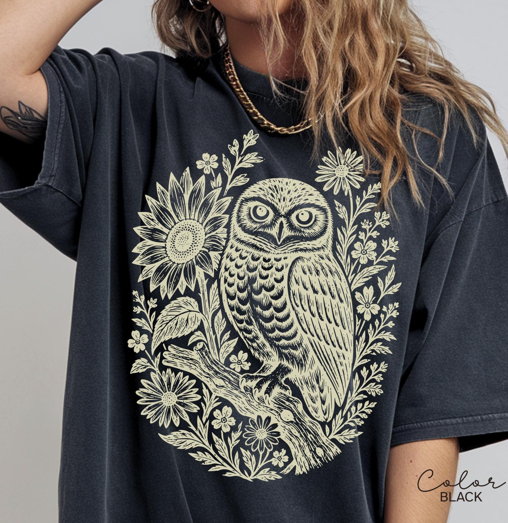Owl Shirt, Comfort Colors Cottagecore Owl Tee, Linocut Floral Owl Shirt, Dark Academia Bird Shirt, Owl Sweatshirt Gift for Her