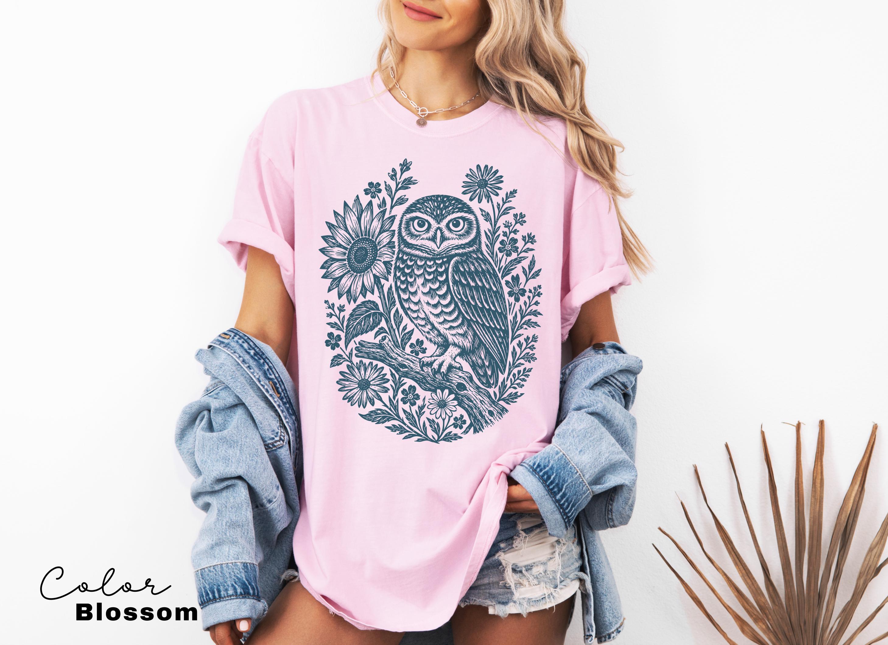 Owl Shirt, Comfort Colors Cottagecore Owl Tee, Linocut Floral Owl Shirt, Dark Academia Bird Shirt, Owl Sweatshirt Gift for Her