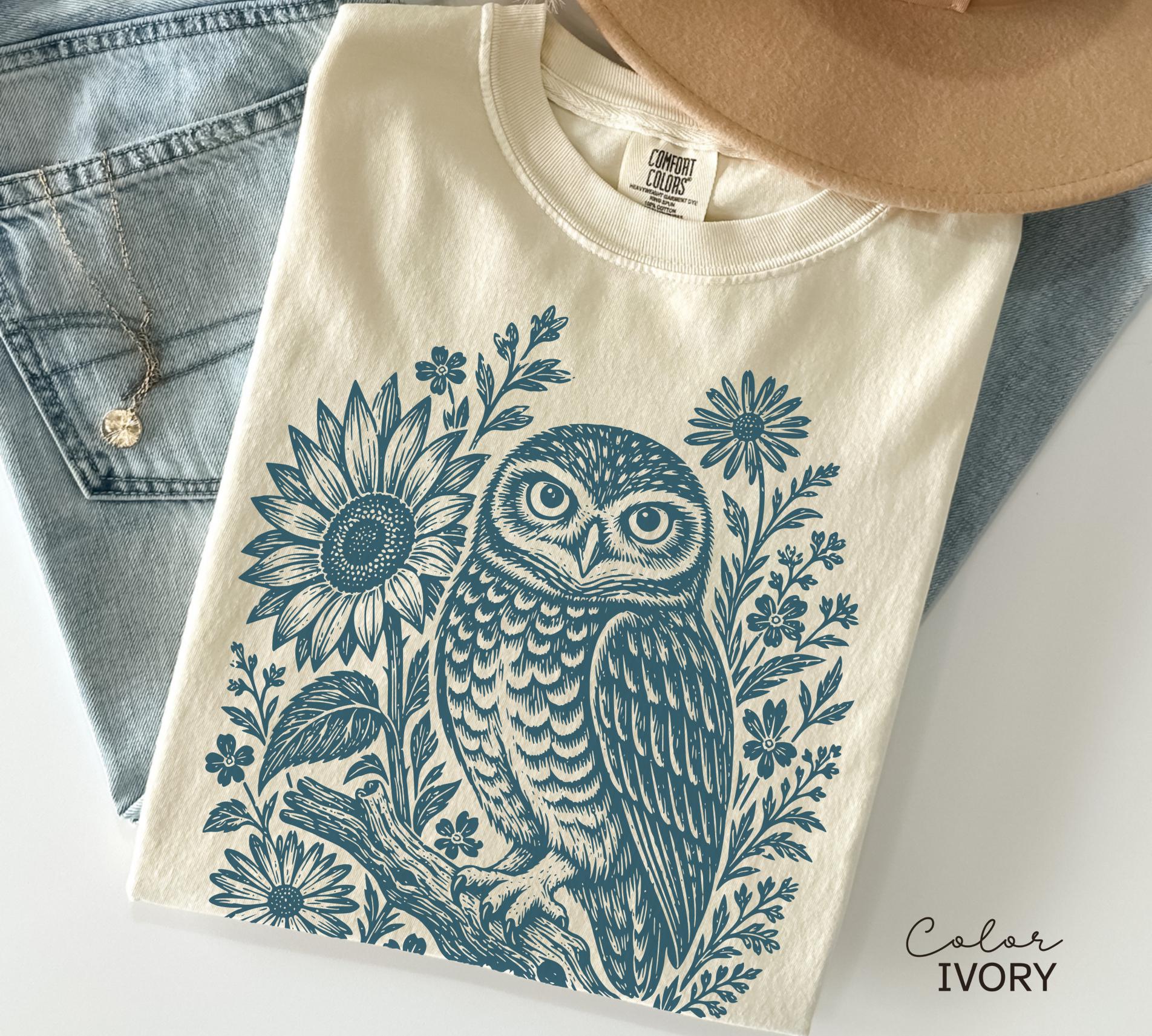 Owl Shirt, Comfort Colors Cottagecore Owl Tee, Linocut Floral Owl Shirt, Dark Academia Bird Shirt, Owl Sweatshirt Gift for Her