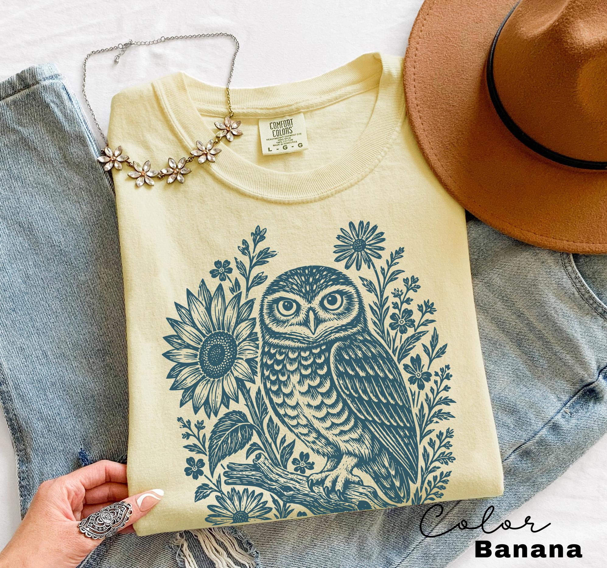 Owl Shirt, Comfort Colors Cottagecore Owl Tee, Linocut Floral Owl Shirt, Dark Academia Bird Shirt, Owl Sweatshirt Gift for Her