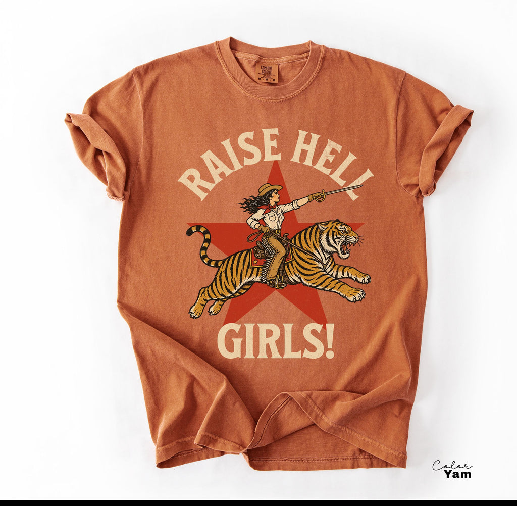 Raise Hell Girls Shirt, Retro Tiger Cowgirl Comfort Colors Shirt, Western Grunge Cowgirl, Resist Feminist Graphic Crewneck, Freedom TShirts