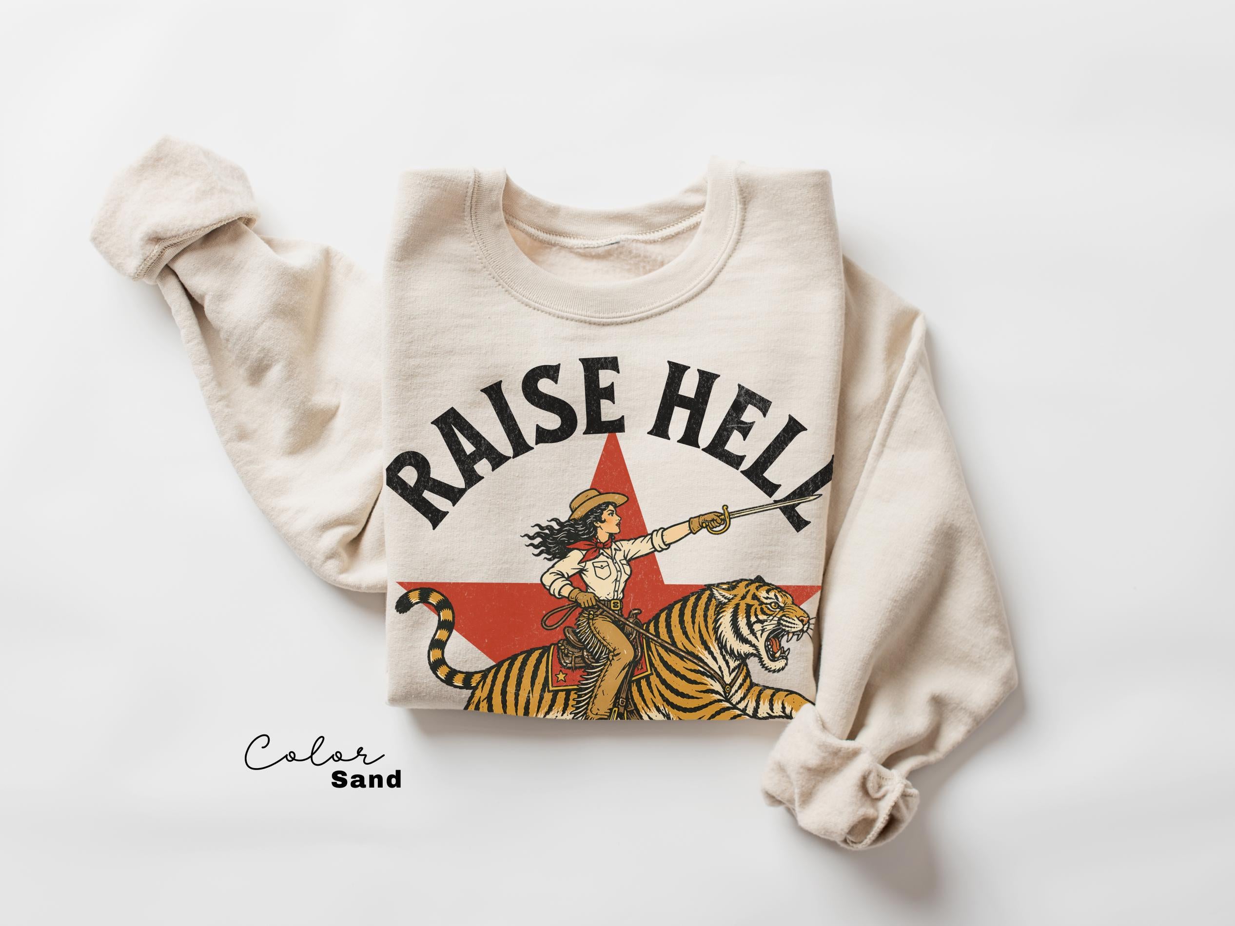 Raise Hell Girls Shirt, Retro Tiger Cowgirl Comfort Colors Shirt, Western Grunge Cowgirl, Resist Feminist Graphic Crewneck, Freedom TShirts