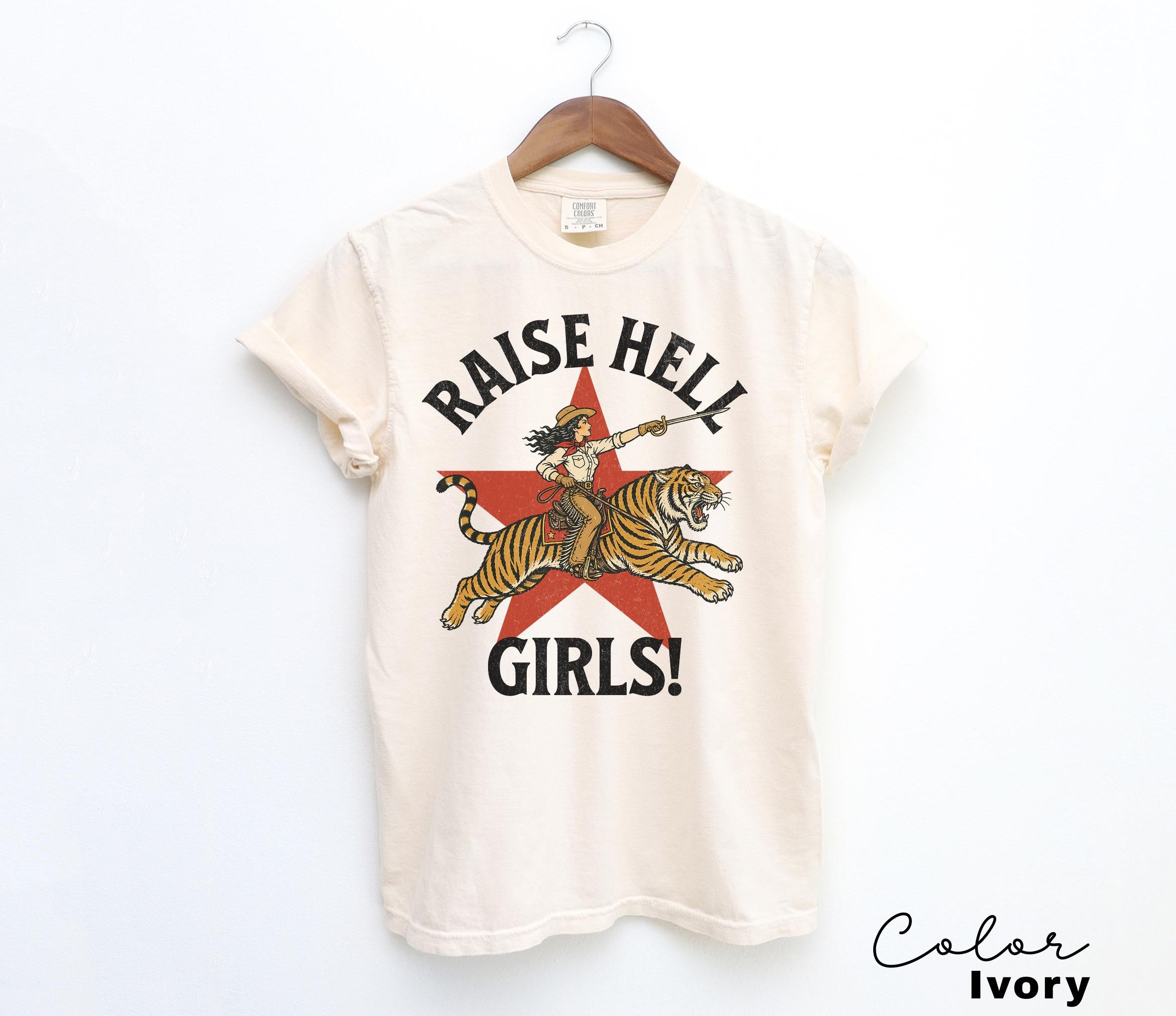 Raise Hell Girls Shirt, Retro Tiger Cowgirl Comfort Colors Shirt, Western Grunge Cowgirl, Resist Feminist Graphic Crewneck, Freedom TShirts