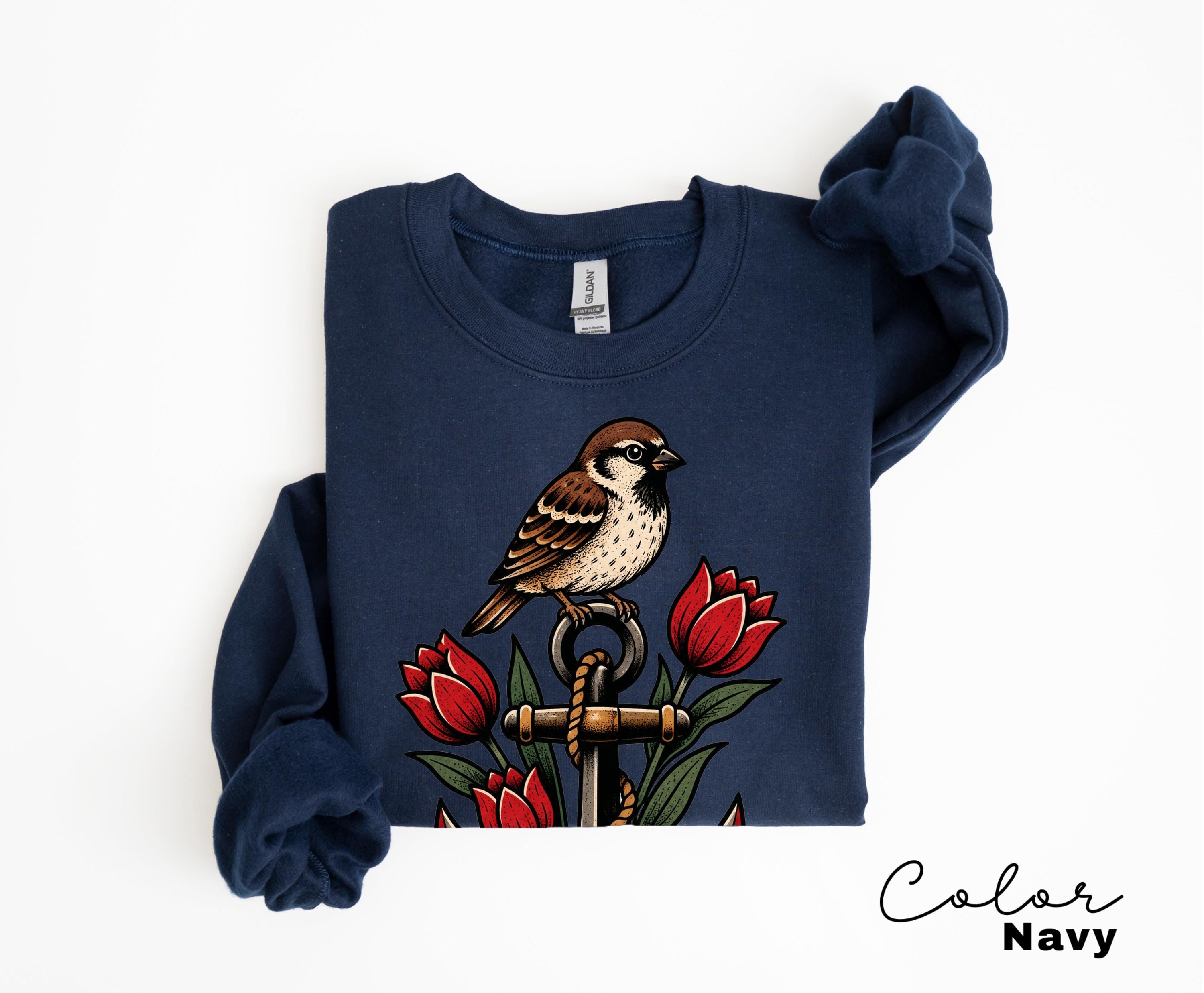 Sparrow Anchor Shirt, Nautical Floral Shirt, Retro 90s Aesthetic, Vintage Sparrow Tee, Coastal Wildflower Bird Sweatshirt