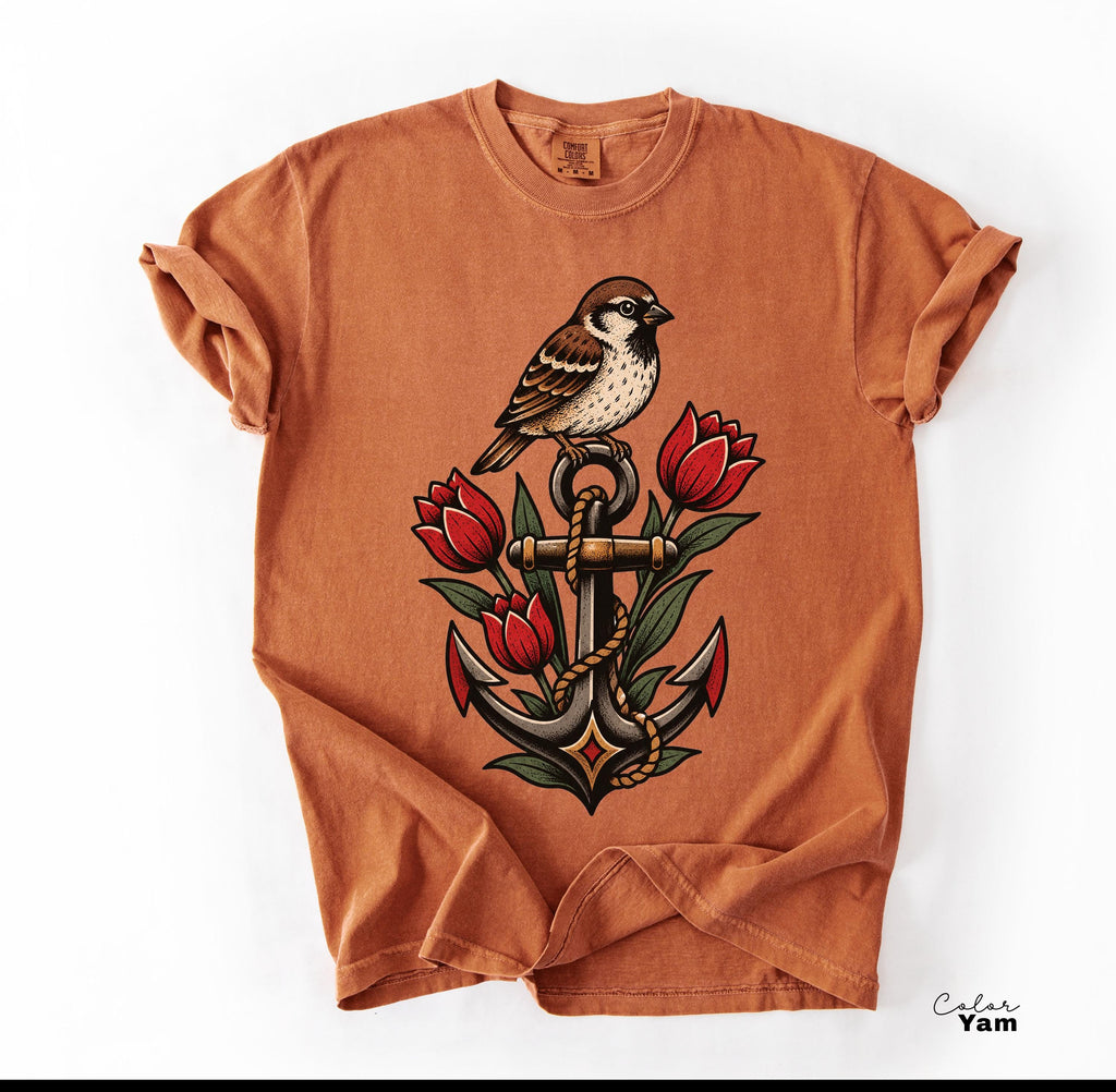 Sparrow Anchor Shirt, Nautical Floral Shirt, Retro 90s Aesthetic, Vintage Sparrow Tee, Coastal Wildflower Bird Sweatshirt