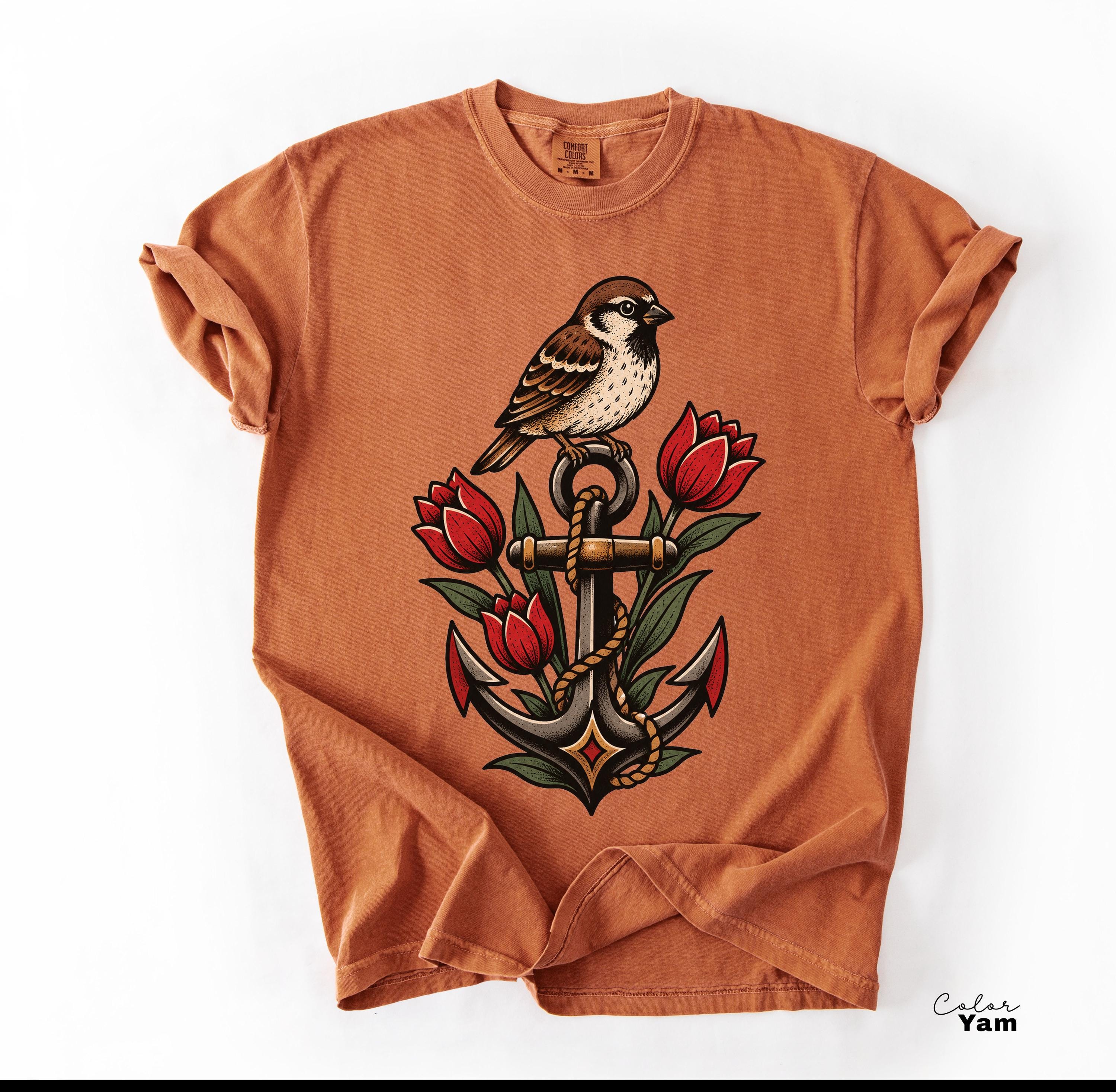Sparrow Anchor Shirt, Nautical Floral Shirt, Retro 90s Aesthetic, Vintage Sparrow Tee, Coastal Wildflower Bird Sweatshirt