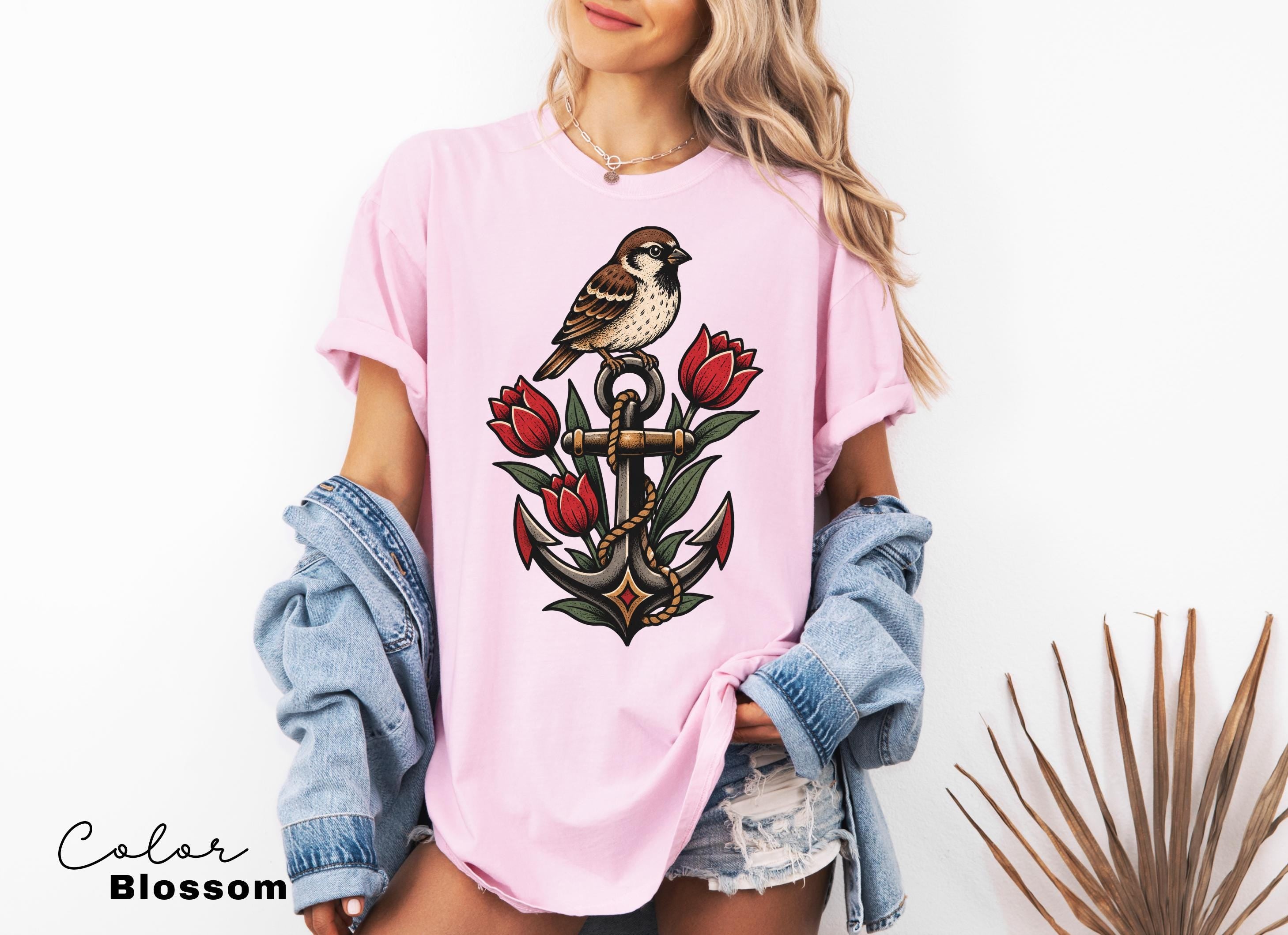 Sparrow Anchor Nautical Floral T-Shirt, Retro 90s Vintage Tee