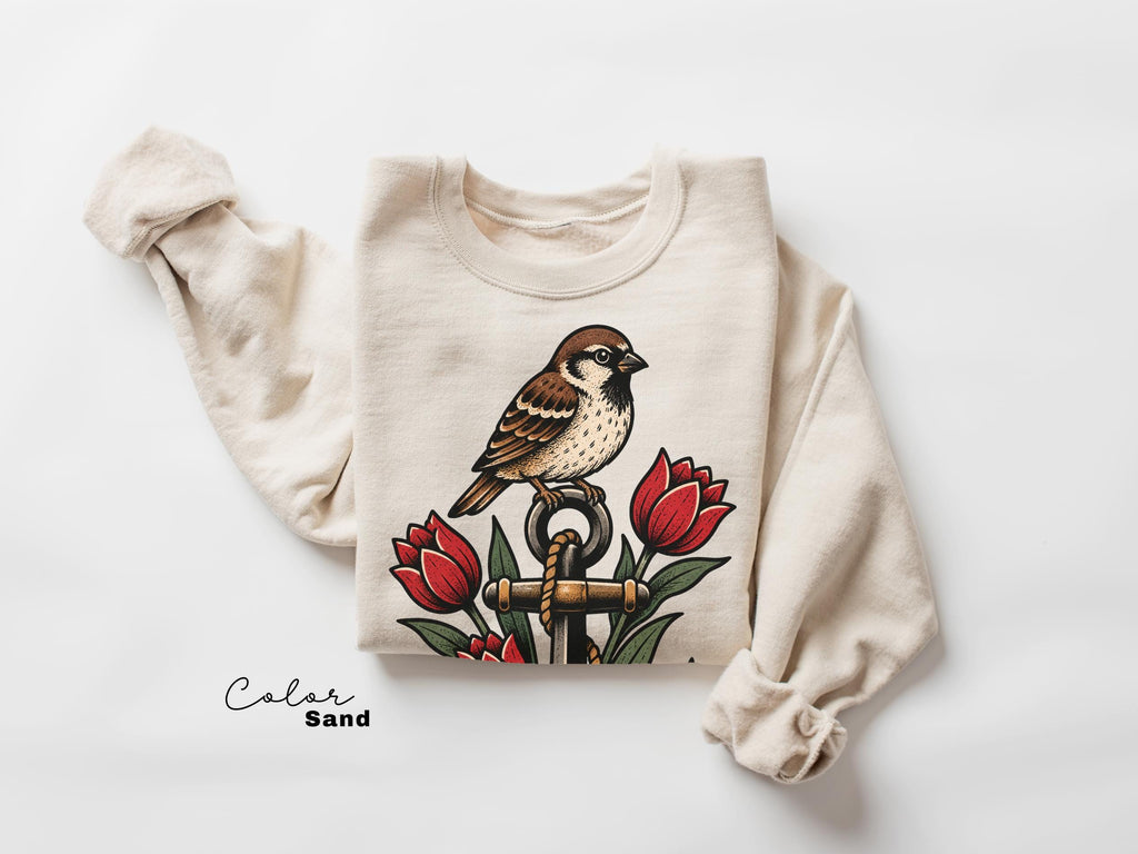 Sparrow Anchor Shirt, Nautical Floral Shirt, Retro 90s Aesthetic, Vintage Sparrow Tee, Coastal Wildflower Bird Sweatshirt