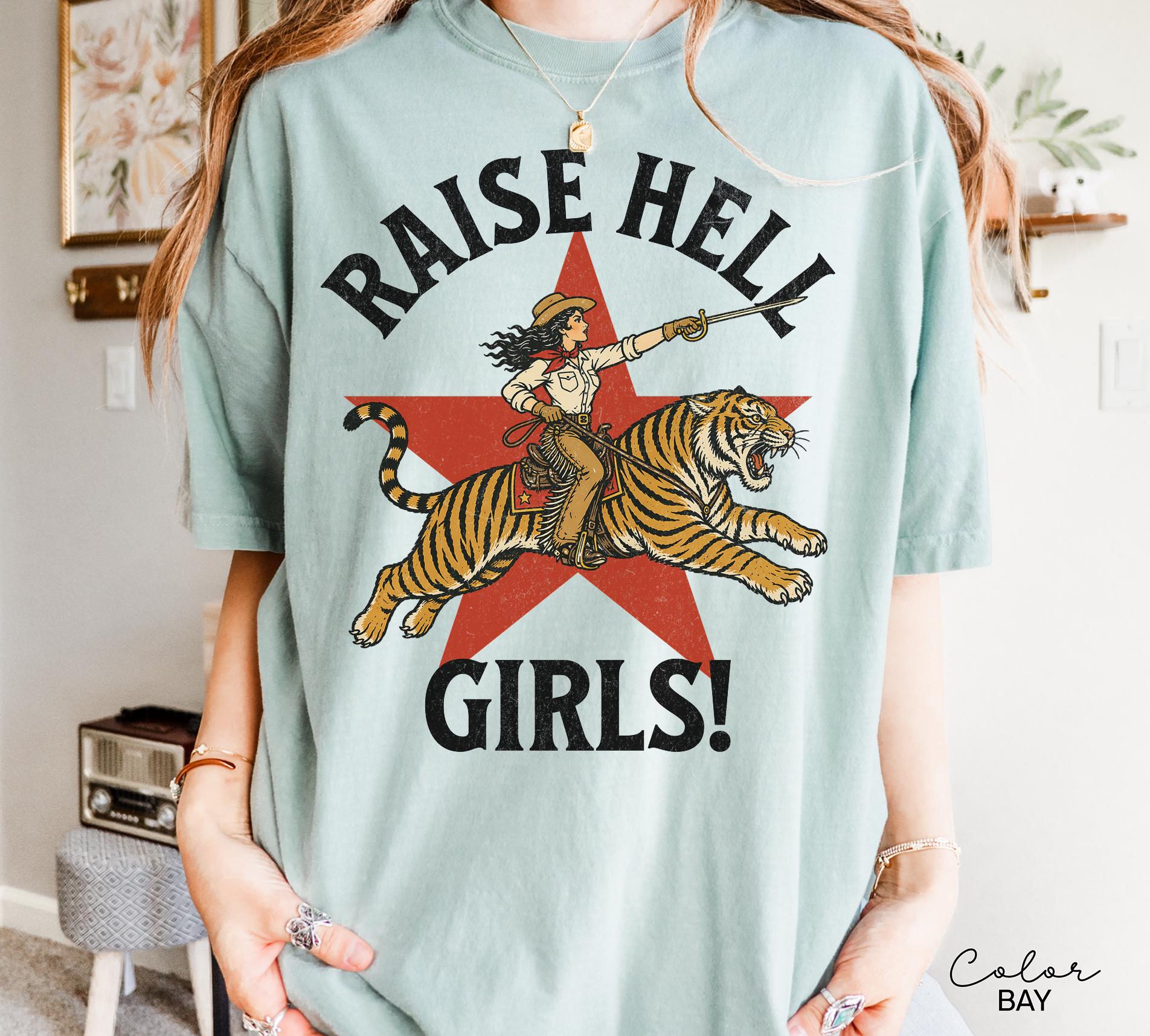 Raise Hell Girls Retro Tiger Cowgirl Comfort Colors Shirt