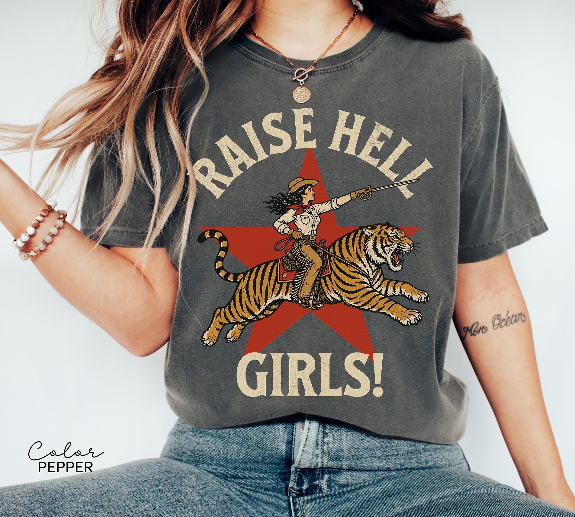 Raise Hell Girls Shirt, Retro Tiger Cowgirl Comfort Colors Shirt, Western Grunge Cowgirl, Resist Feminist Graphic Crewneck, Freedom TShirts
