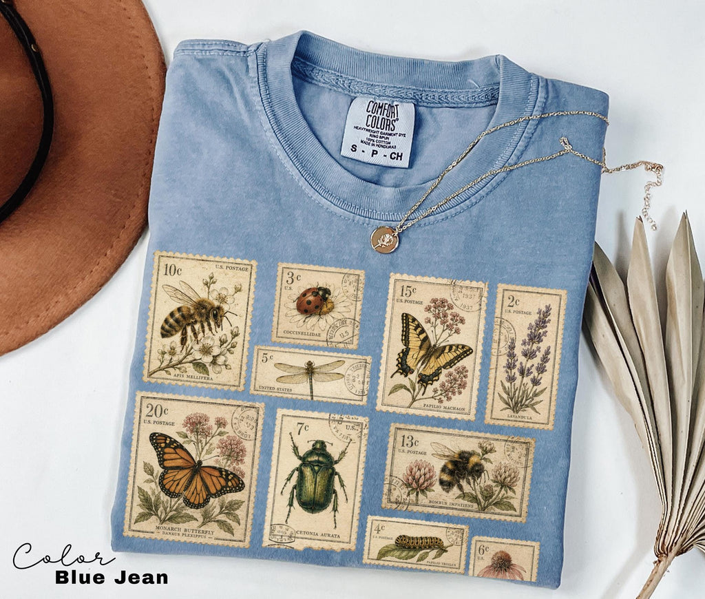 Vintage Postage Stamp Shirt, Butterfly Bee Moth Botanical Insect Tee, Cottagecore Nature Lover Gift, Comfort Colors