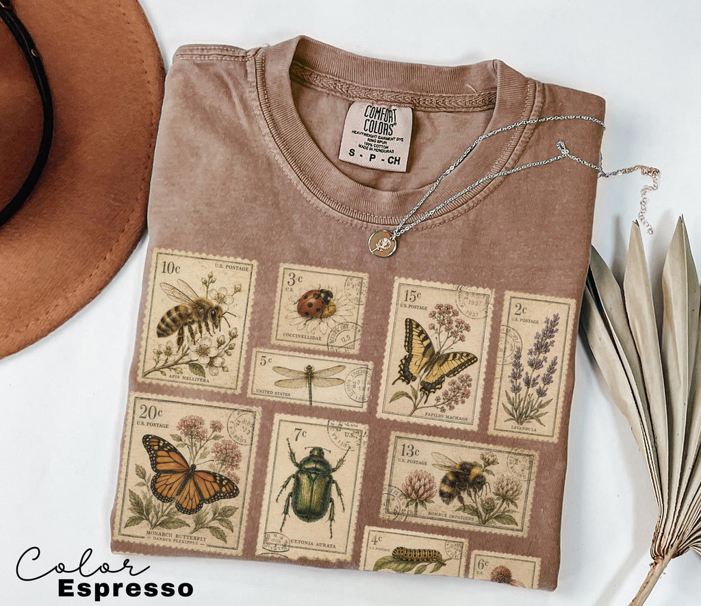 Vintage Postage Stamp Shirt, Butterfly Bee Moth Botanical Insect Tee, Cottagecore Nature Lover Gift, Comfort Colors