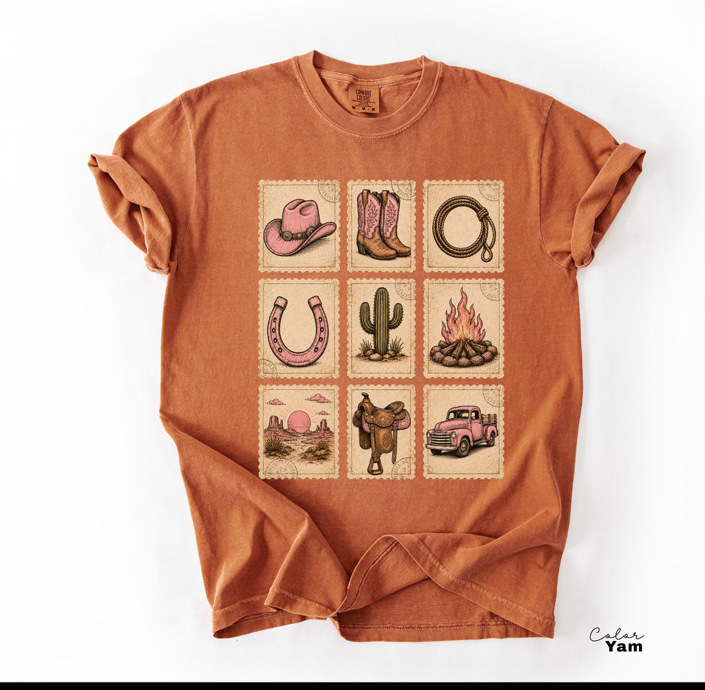 Pink Western Cowgirl Stamp Shirt, Cowgirl Boots Hat Horseshoe Cactus Tee, Southern Country Girl Gift, Comfort Colors