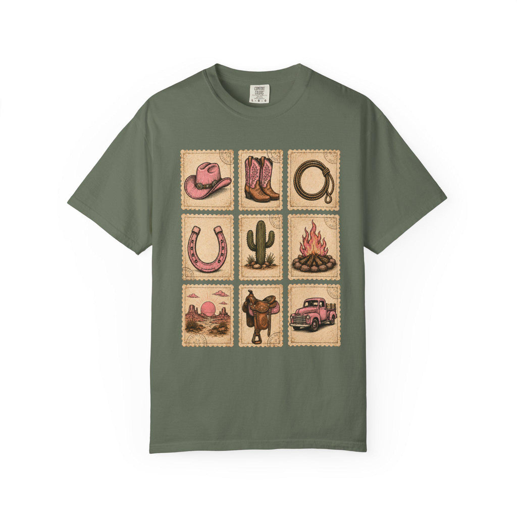 Pink Western Cowgirl Stamp Shirt, Cowgirl Boots Hat Horseshoe Cactus Tee, Southern Country Girl Gift, Comfort Colors