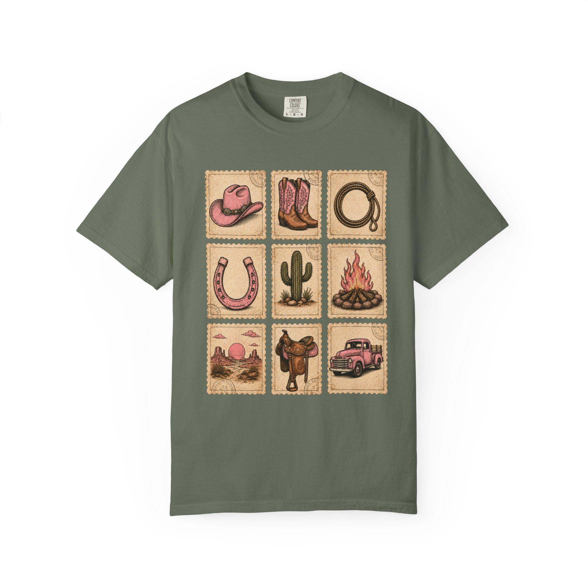 Pink Western Cowgirl Stamp Shirt, Cowgirl Boots Hat Horseshoe Cactus Tee, Southern Country Girl Gift, Comfort Colors