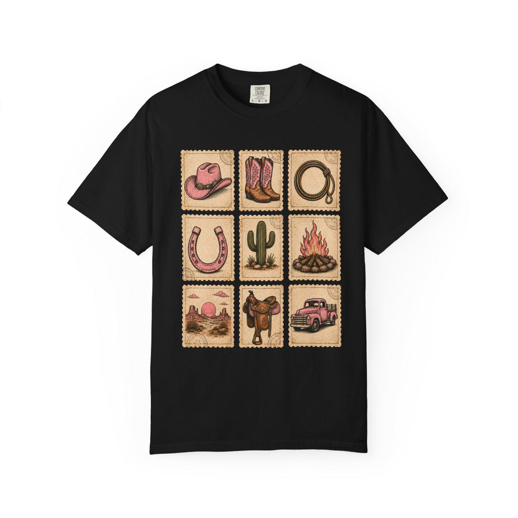 Pink Western Cowgirl Stamp Shirt, Cowgirl Boots Hat Horseshoe Cactus Tee, Southern Country Girl Gift, Comfort Colors