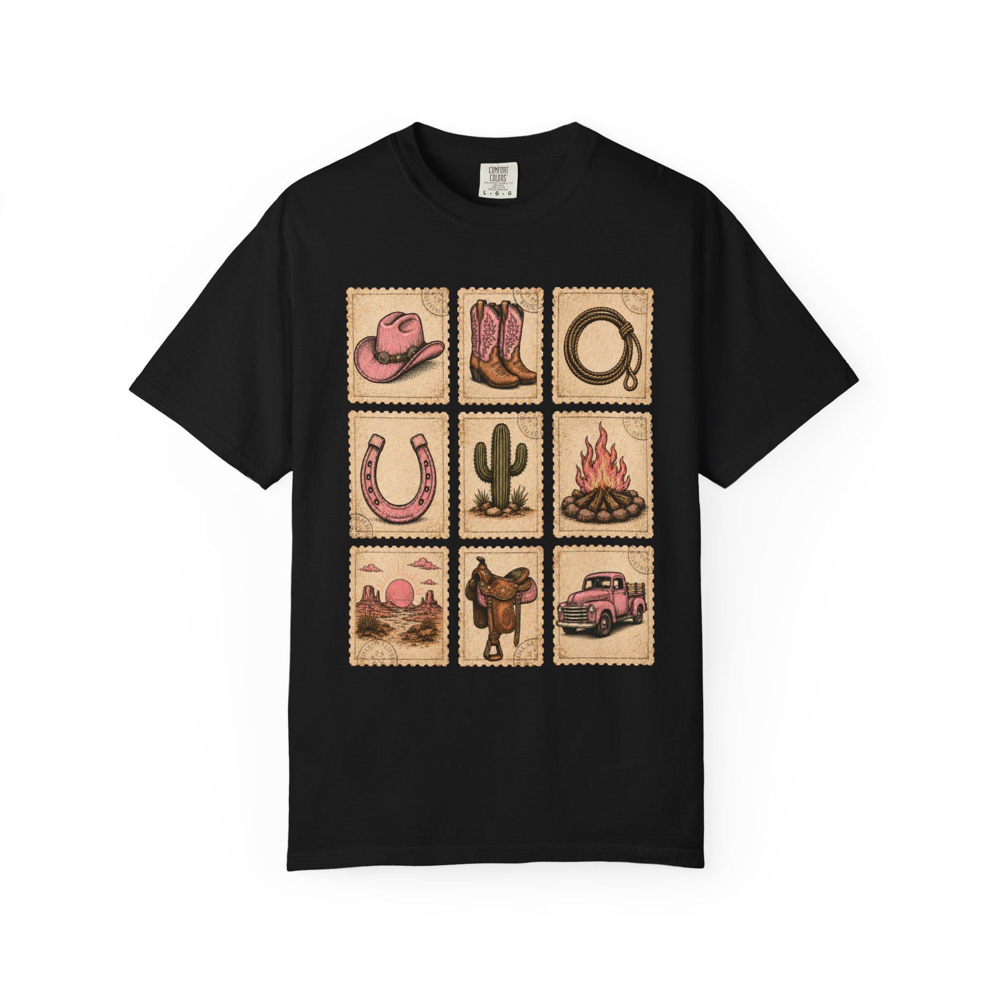 Pink Western Cowgirl Stamp Shirt, Cowgirl Boots Hat Horseshoe Cactus Tee, Southern Country Girl Gift, Comfort Colors