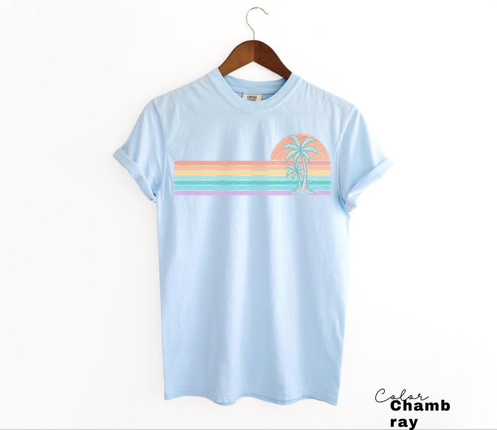 Retro Sun Summer Stripes Shirt, Comfort Colors Coastal Ocean Summer Tee, Beach Vacation Pastel Neon Sunshine Shirt