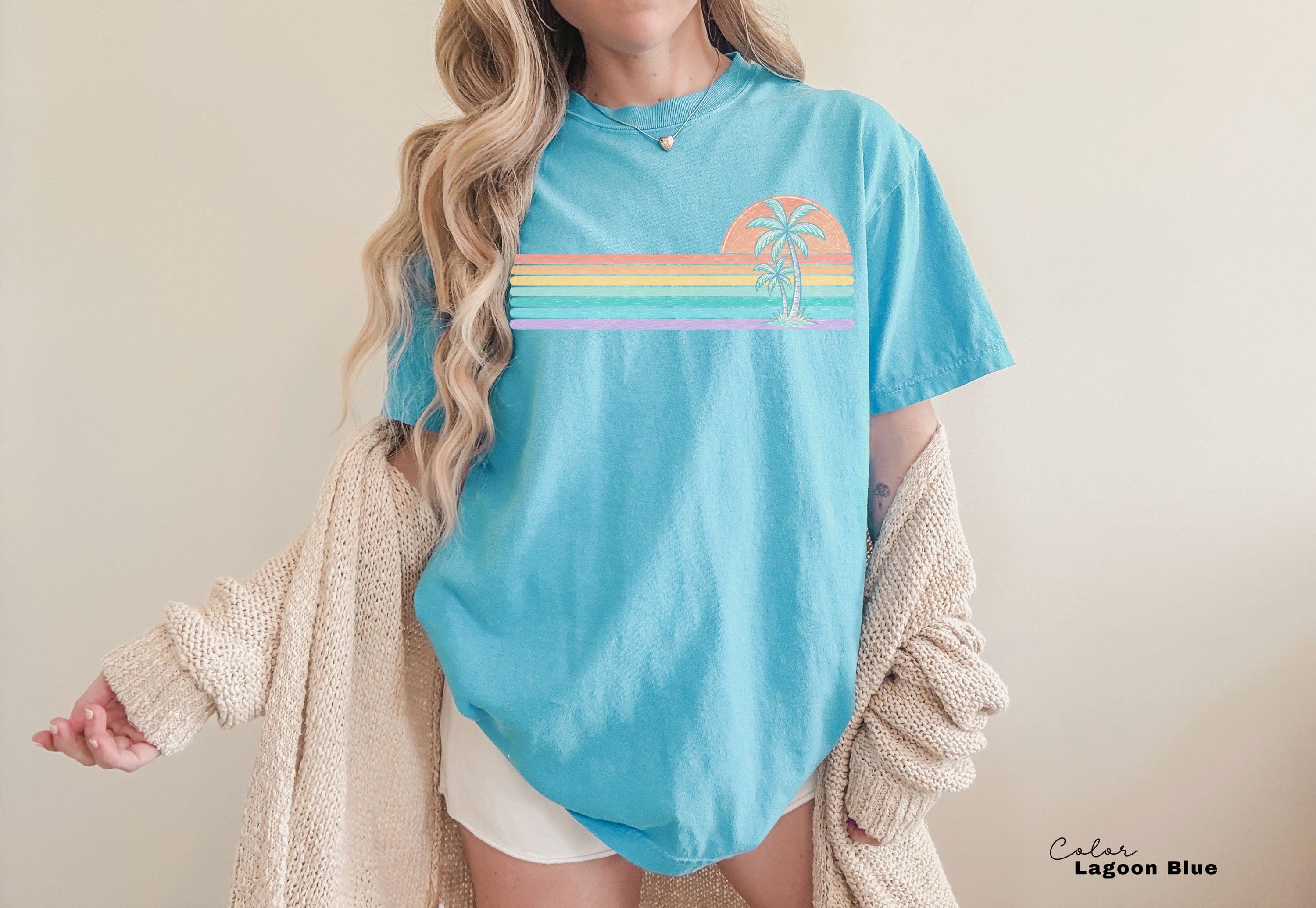 Retro Sun Summer Stripes Shirt, Comfort Colors Coastal Ocean Summer Tee, Beach Vacation Pastel Neon Sunshine Shirt
