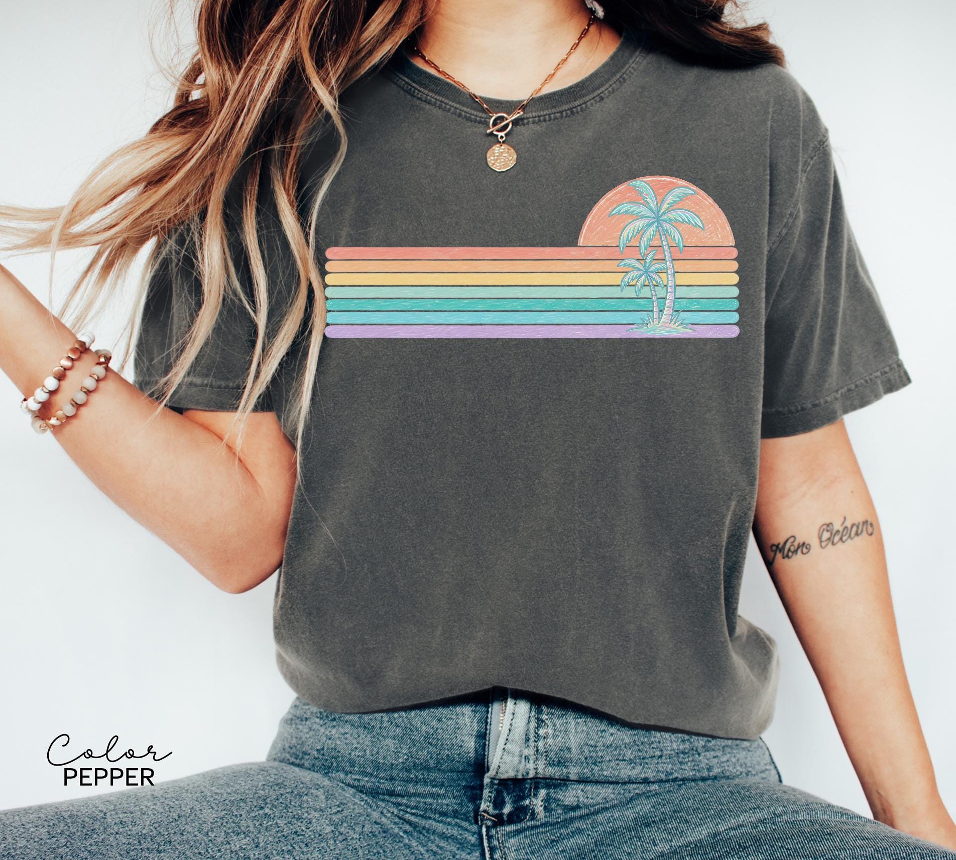 Retro Sun Summer Stripes Shirt, Comfort Colors Coastal Ocean Summer Tee, Beach Vacation Pastel Neon Sunshine Shirt