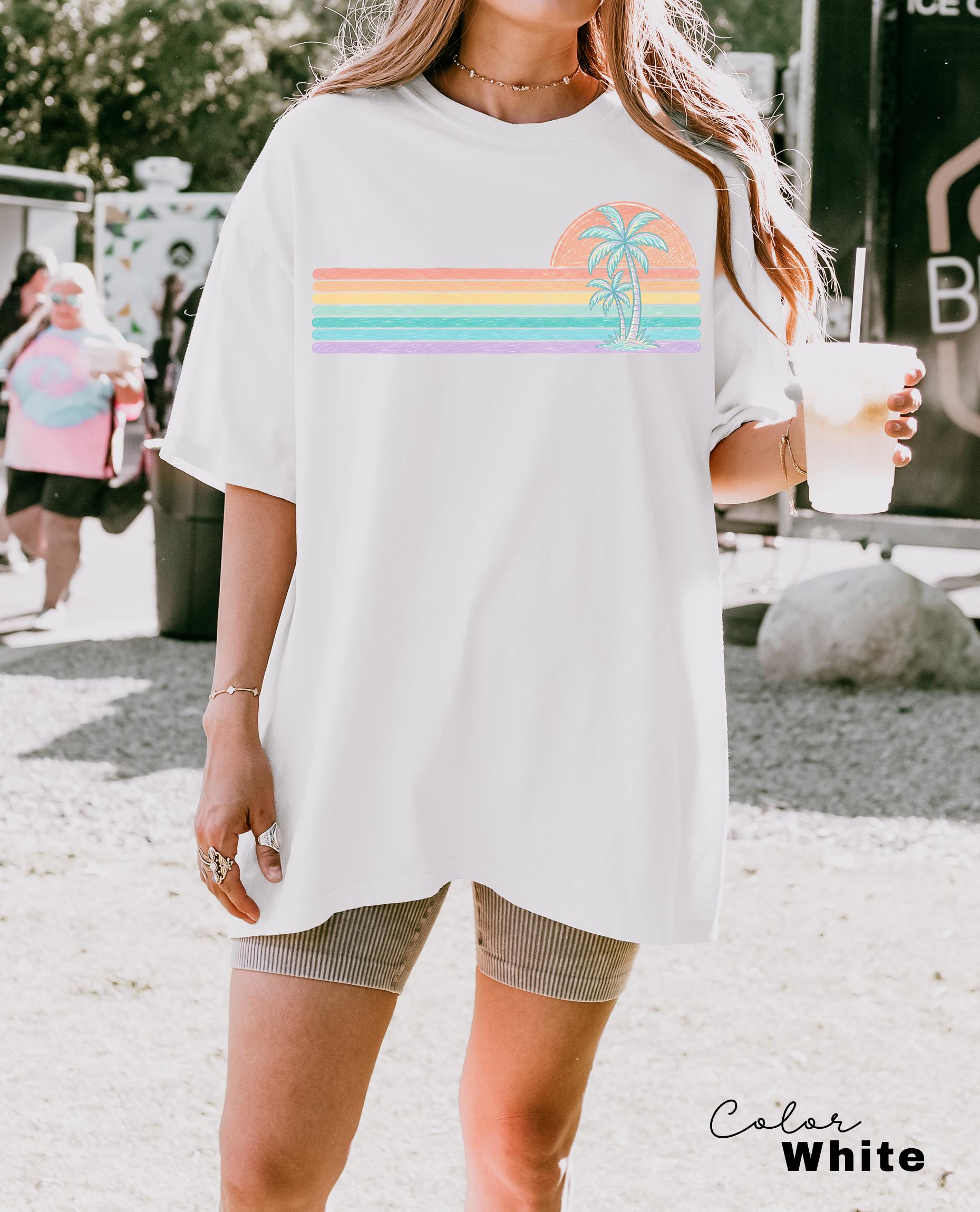 Retro Sun Summer Stripes Shirt, Comfort Colors Coastal Ocean Summer Tee, Beach Vacation Pastel Neon Sunshine Shirt